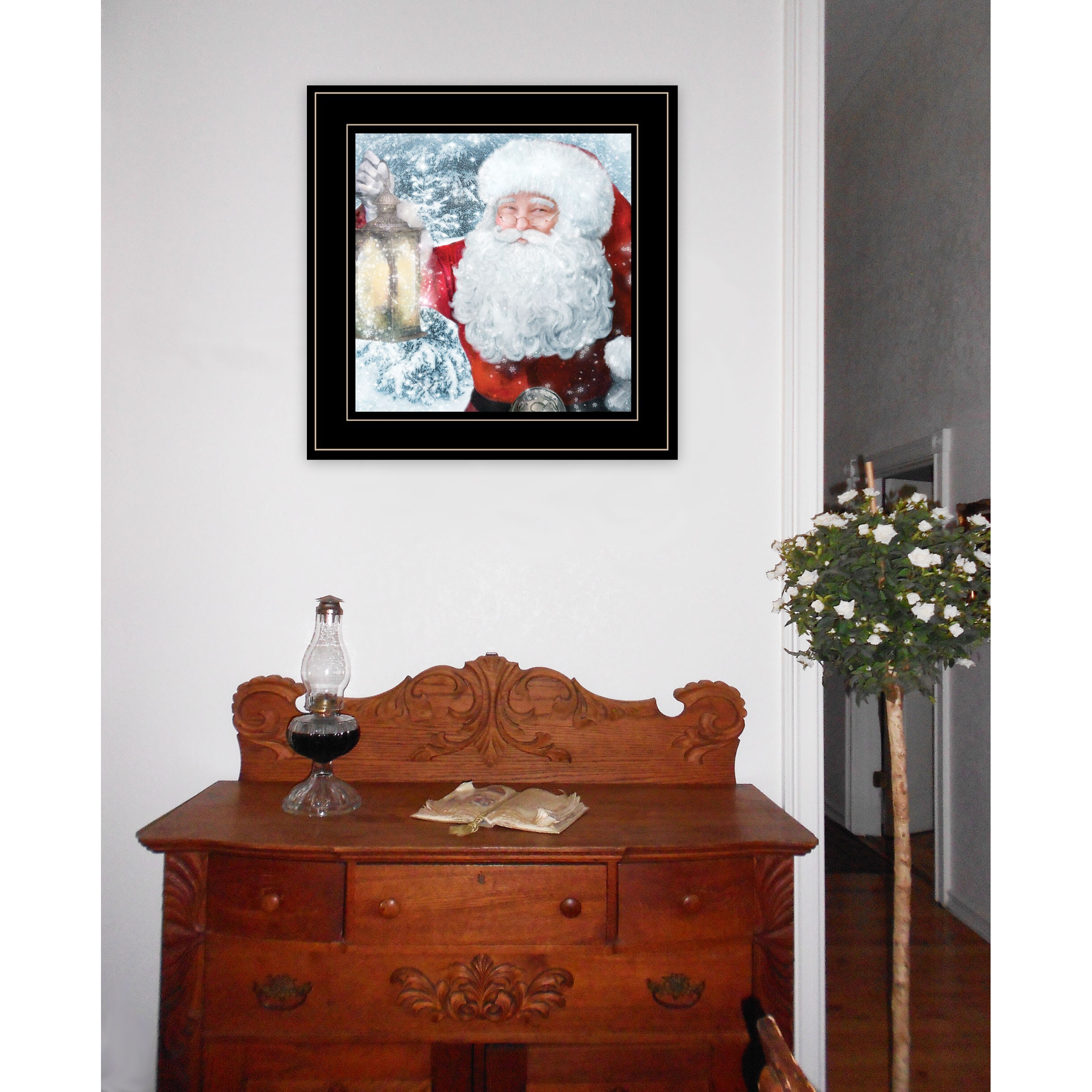 Santa With Lantern Black Framed Print Wall Art