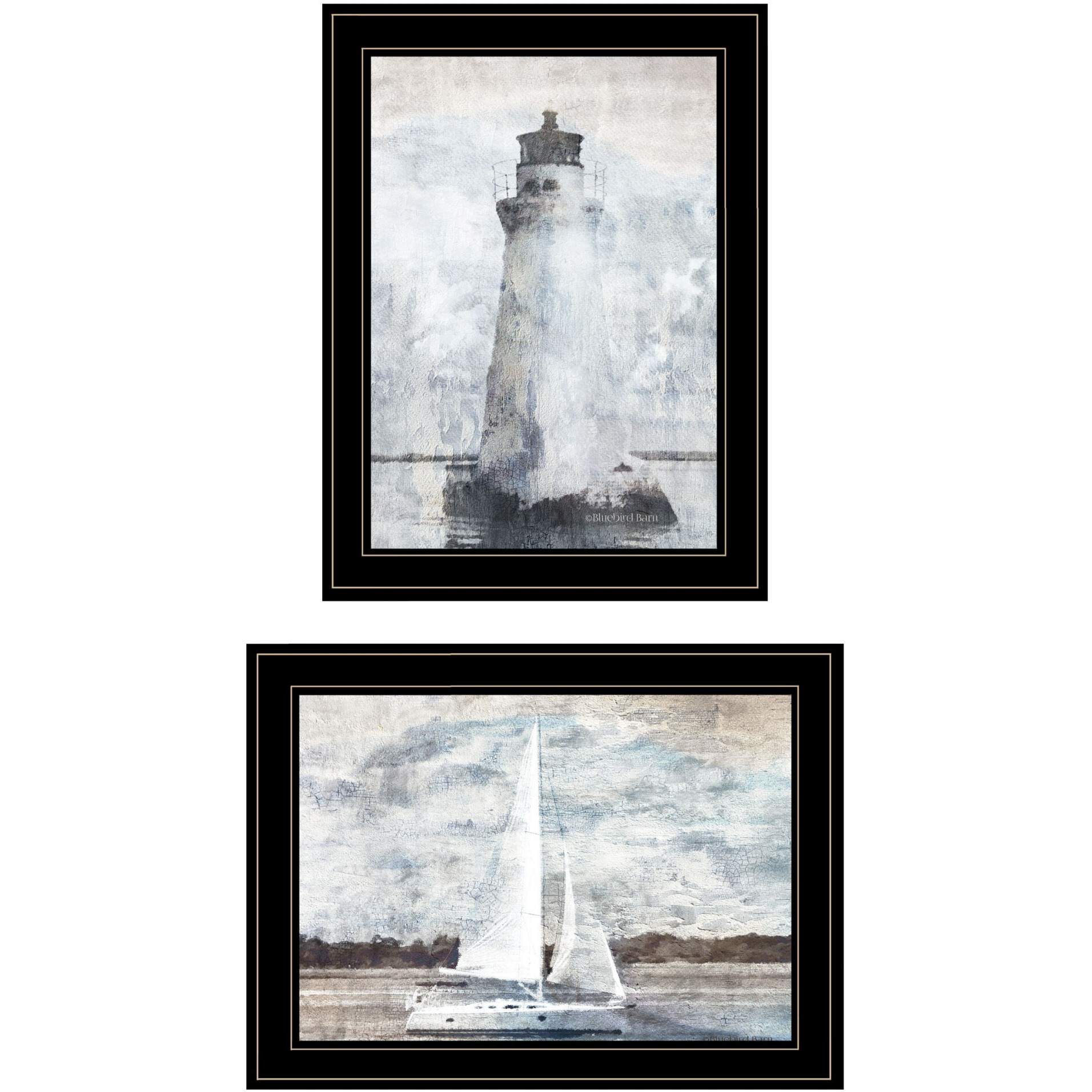 Set Of Two Lighthouse Sailboat Black Framed Print Wall Art