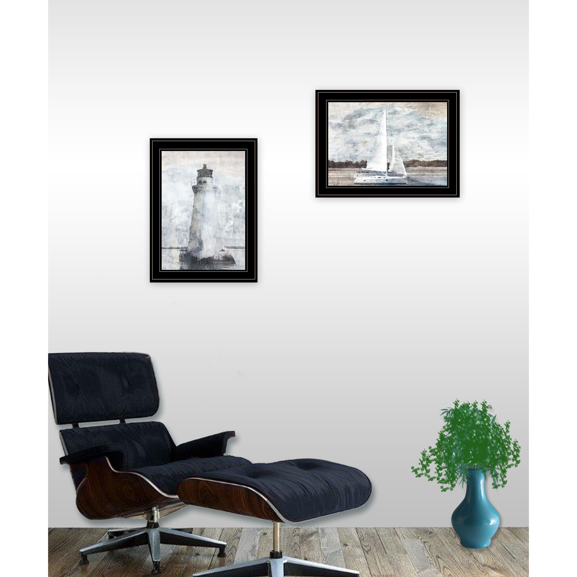 Set Of Two Lighthouse Sailboat Black Framed Print Wall Art