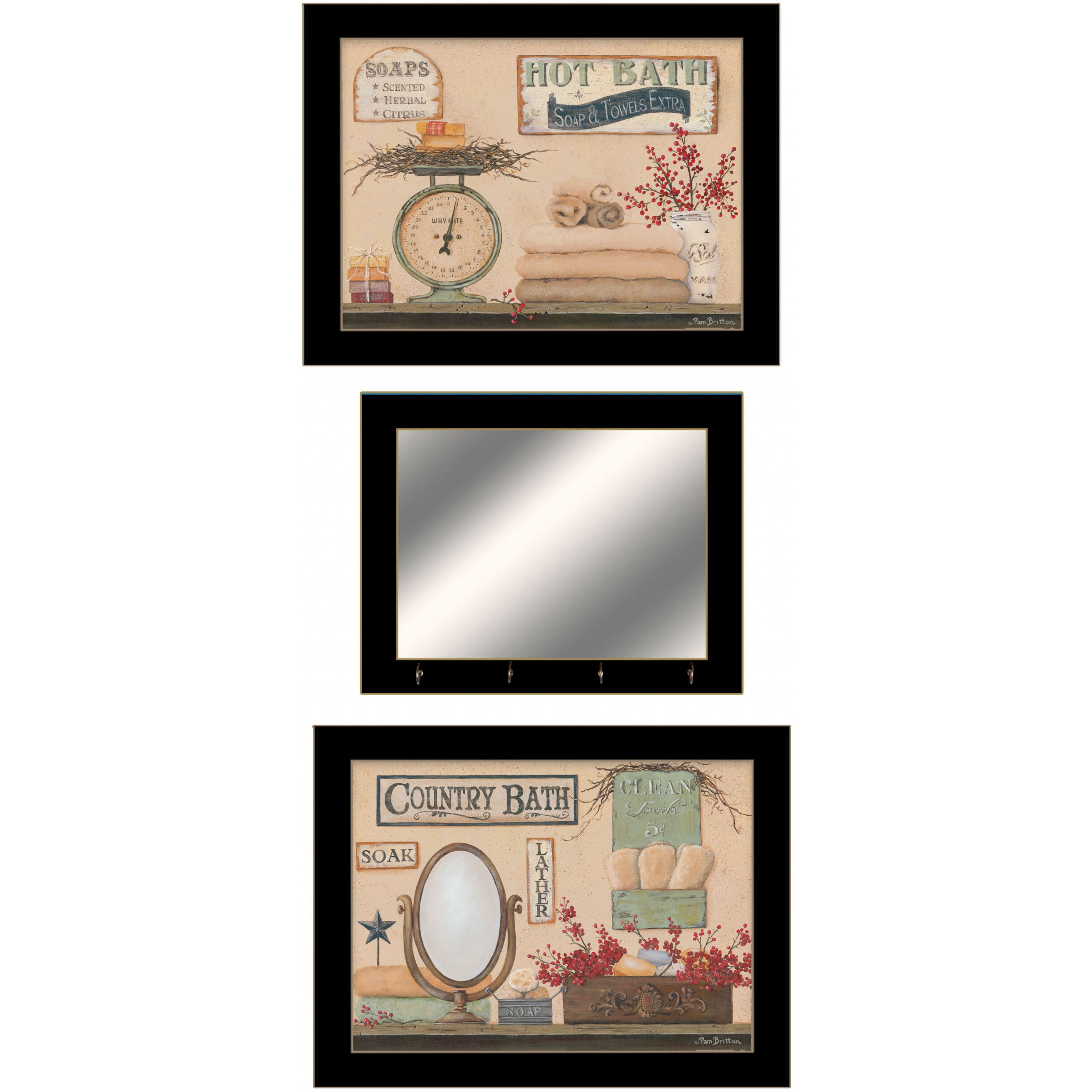 Set Of Three Wash Room Black Frame Bathroom Wall Art With Hooks