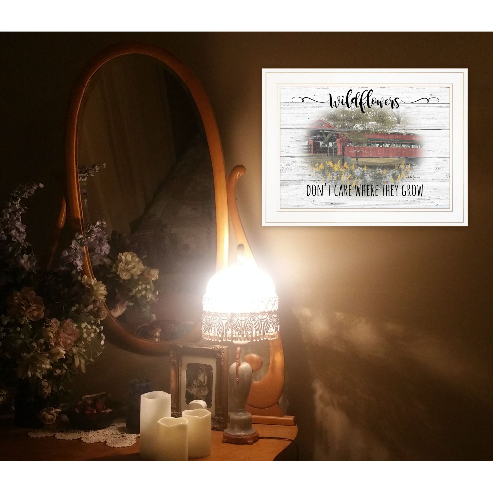 Wildflowers Covered Bridge White Framed Print Wall Art