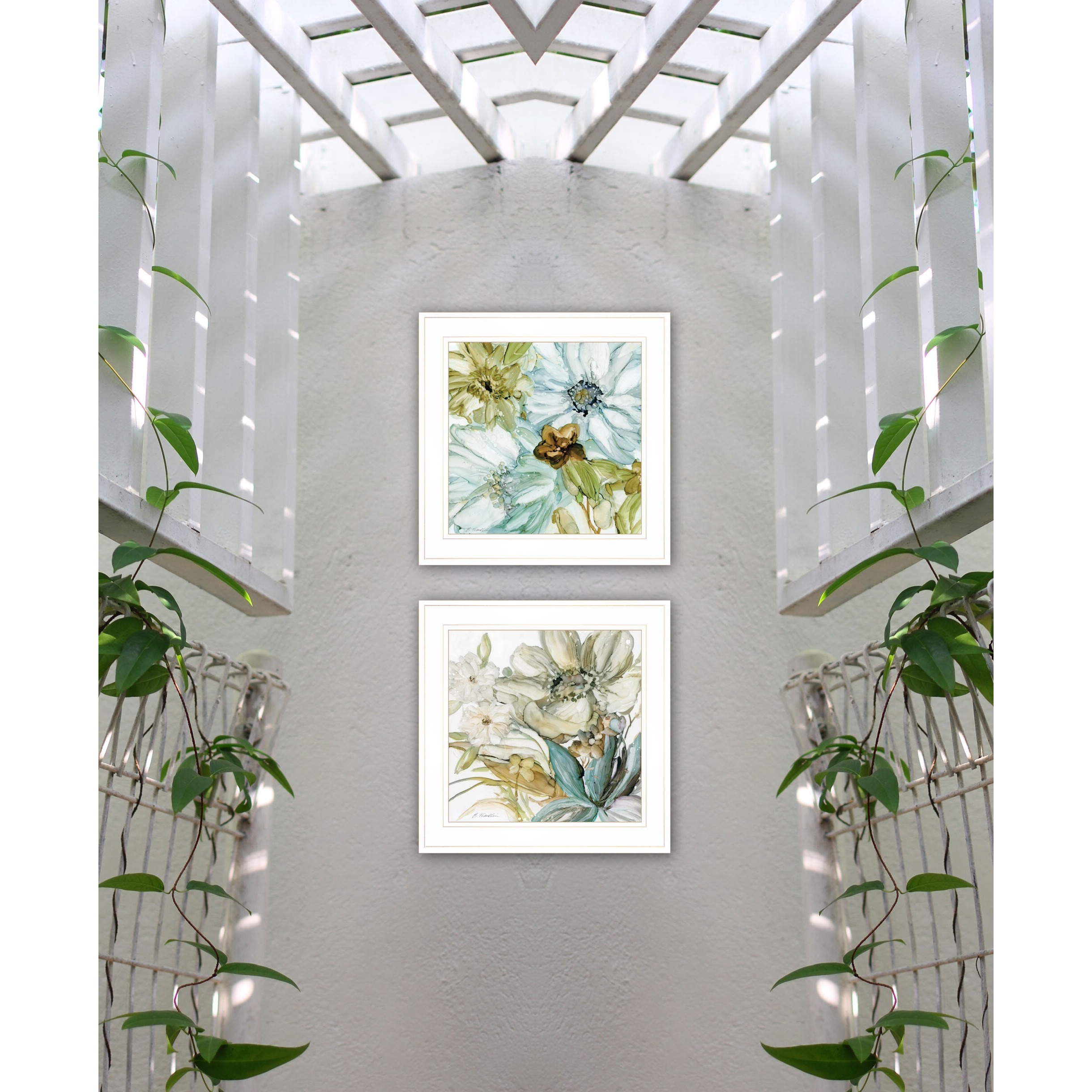 Set Of Two Sea Glass Palette Floral White Framed Print Wall Art