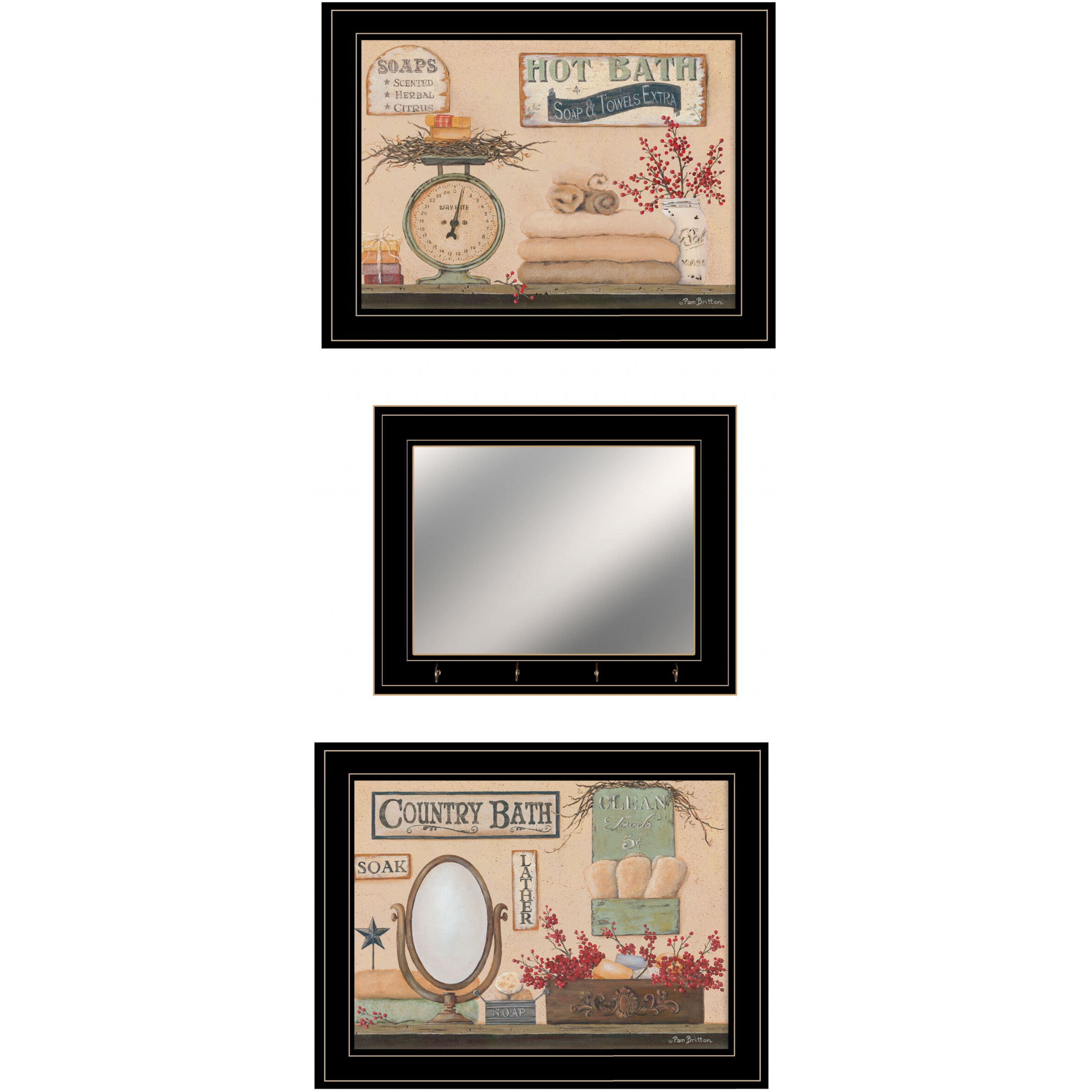 Set Of Three Wash Room Black Rim Frame Bathroom Wall Art With Hooks
