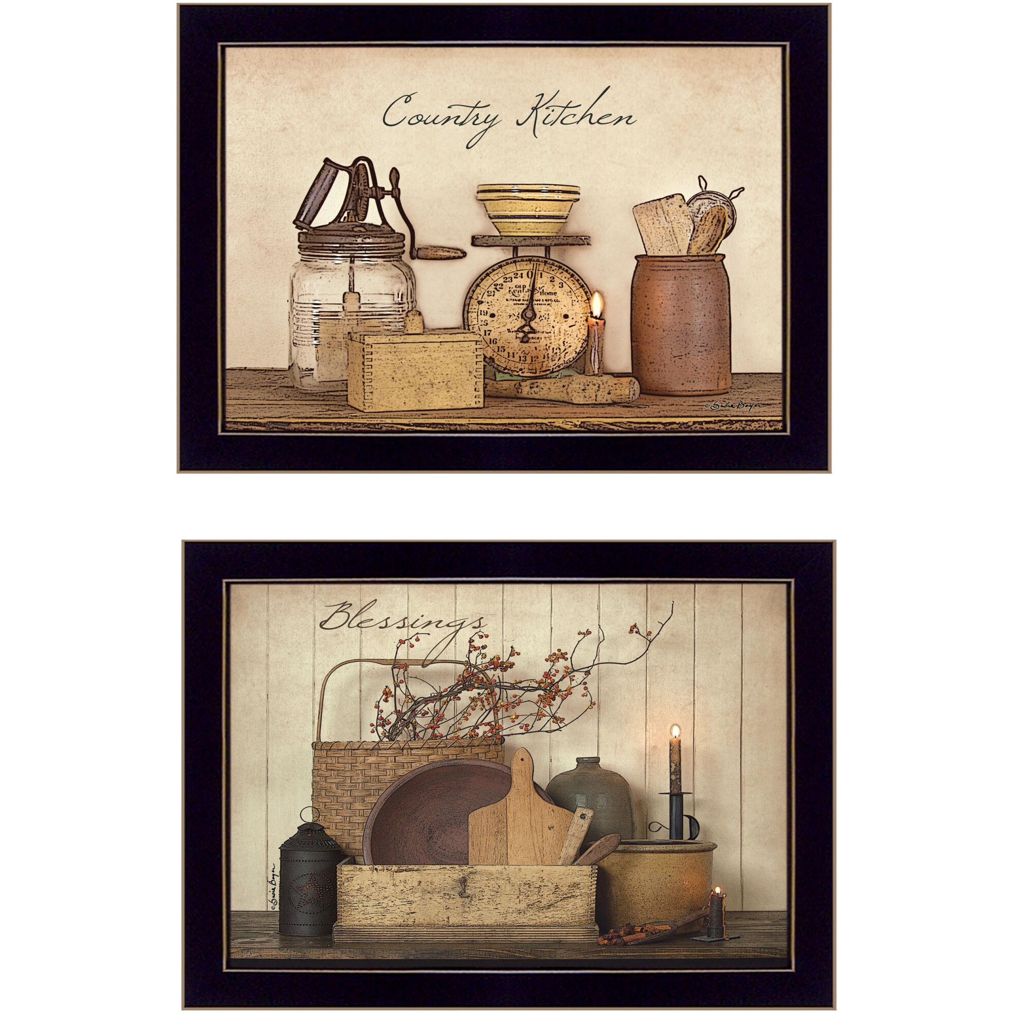 Set Of Two Country Kitchen Blessings Black Framed Print Wall Art