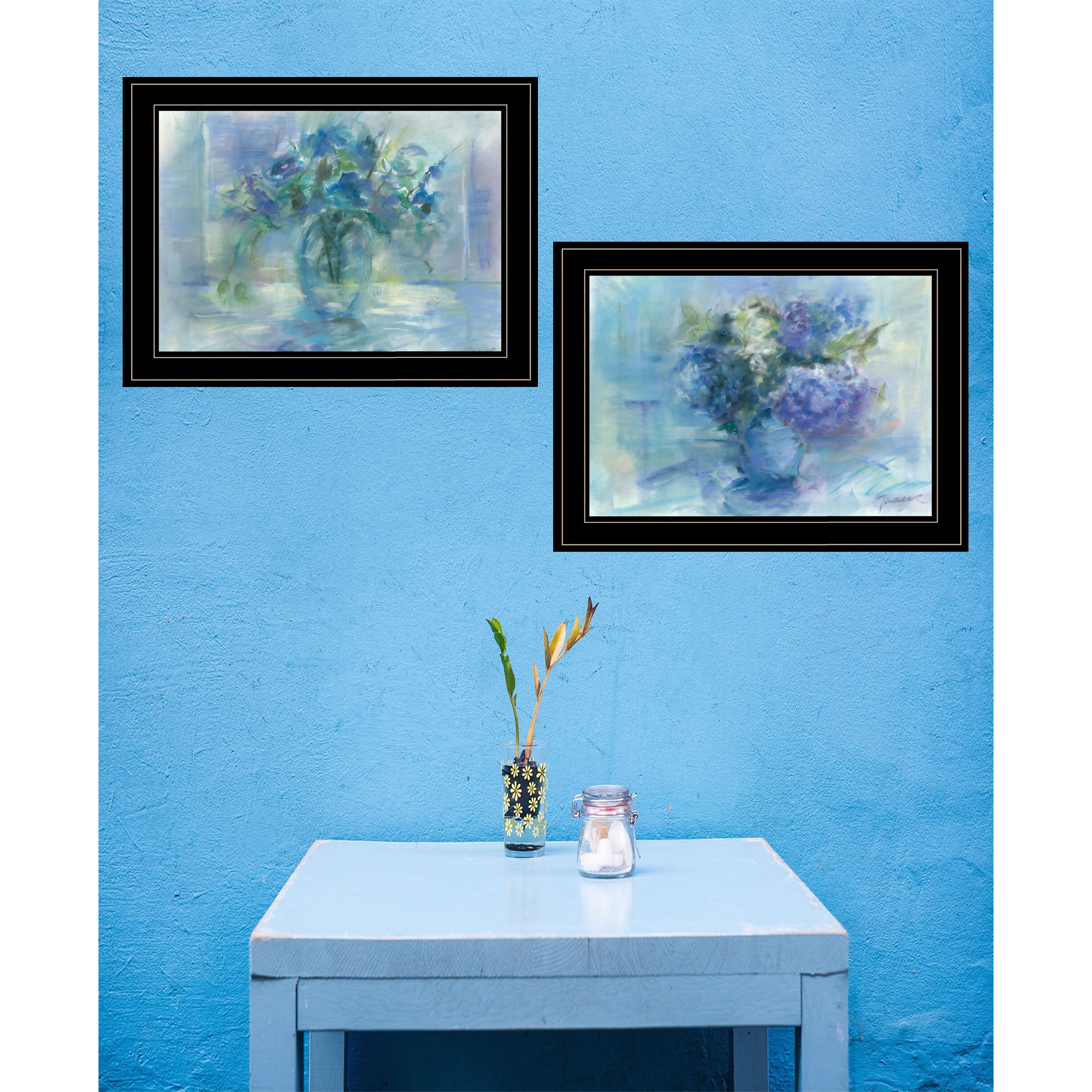 Set Of Two Susies Blue Bouquet 2 Black Framed Print Wall Art