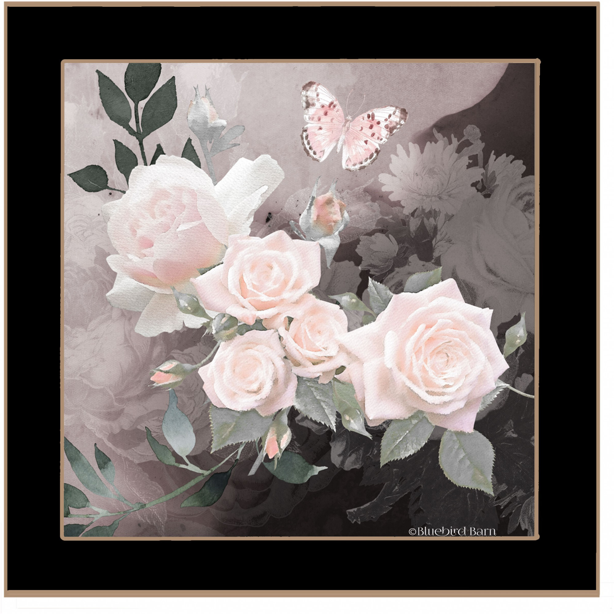 Pretty Pink Roses And Butterfly Black Framed Print Wall Art