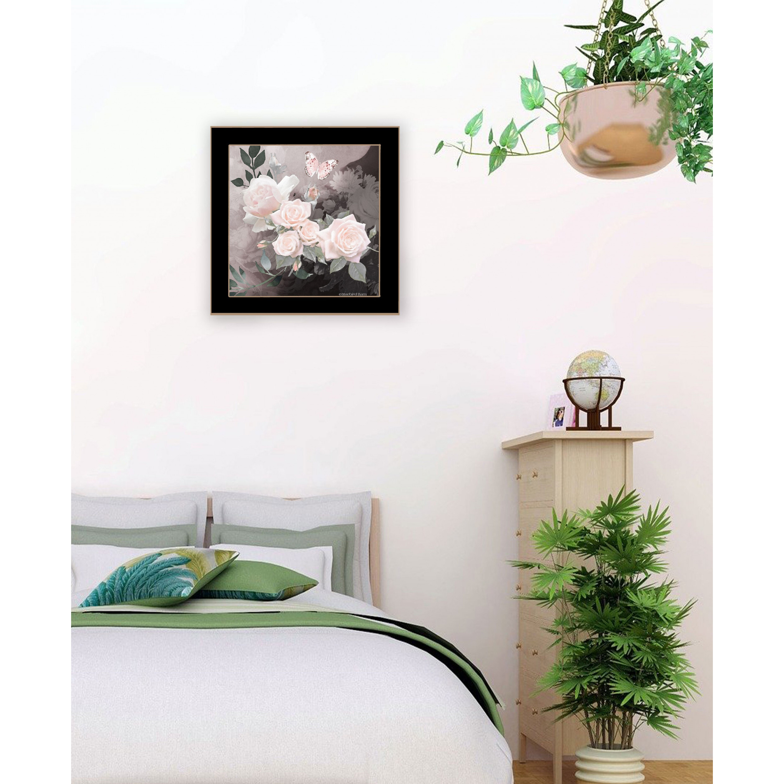 Pretty Pink Roses And Butterfly Black Framed Print Wall Art