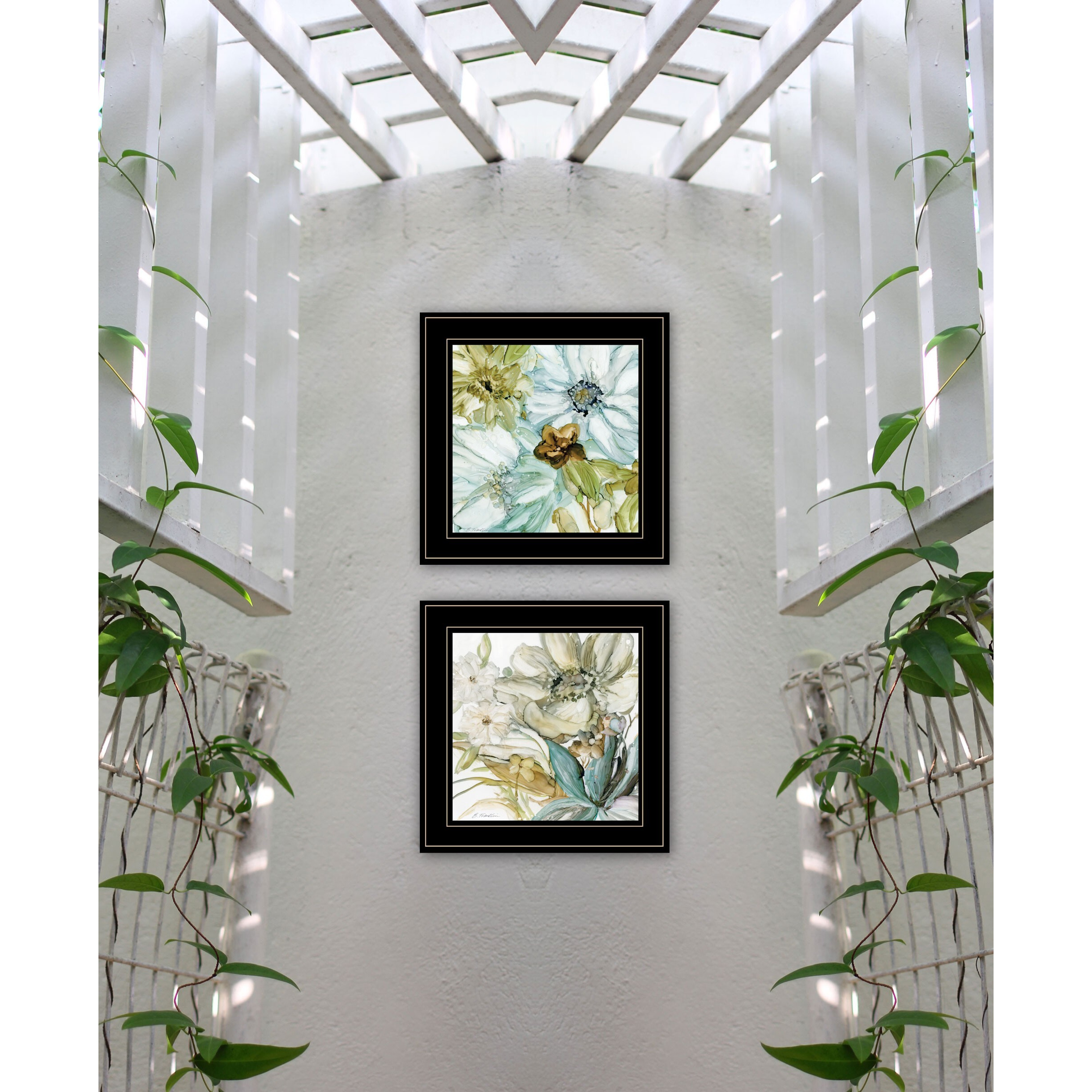 Set Of Two Sea Glass Palette Floral Black Framed Print Wall Art