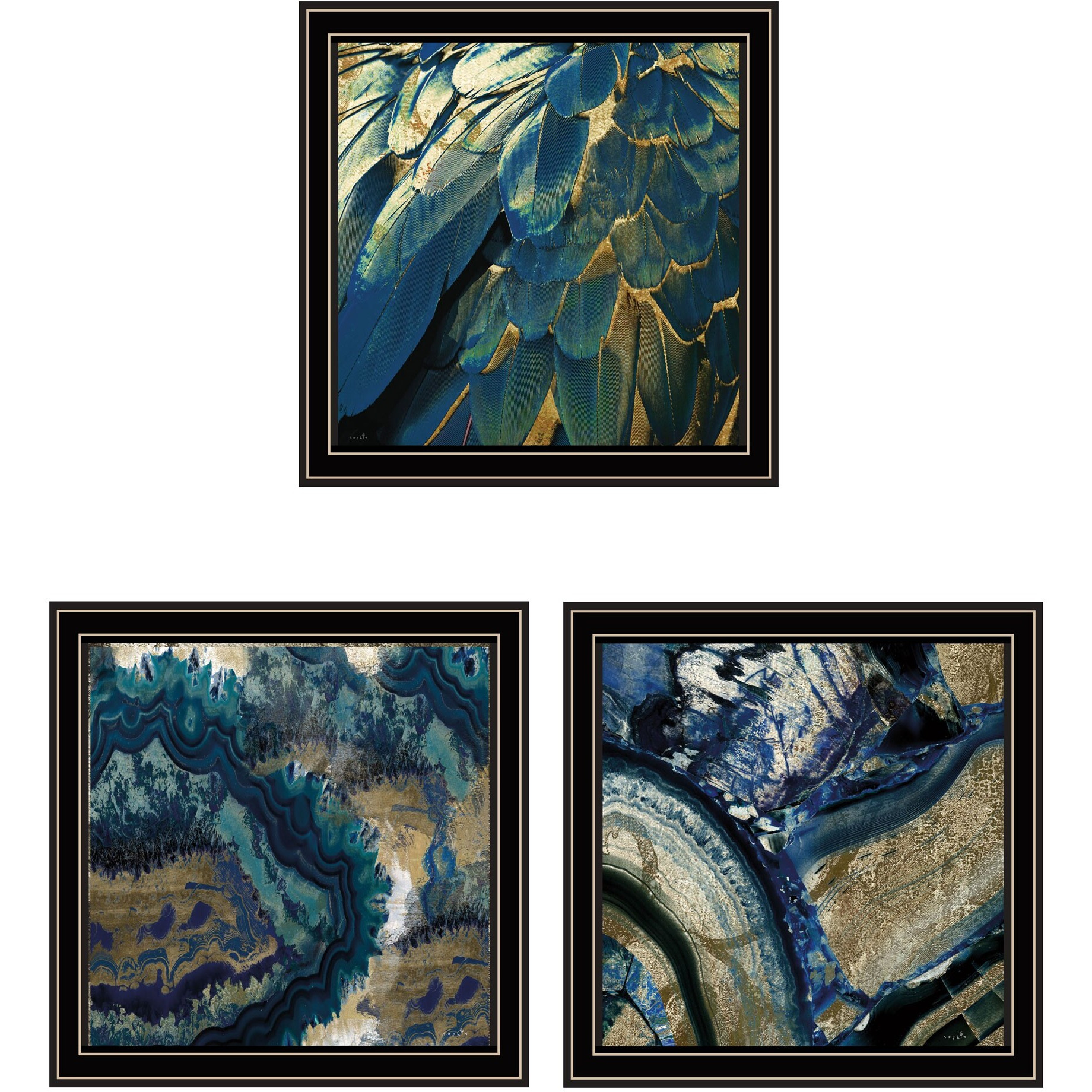 Set Of Three Deep Blue 1 Black Framed Print Wall Art