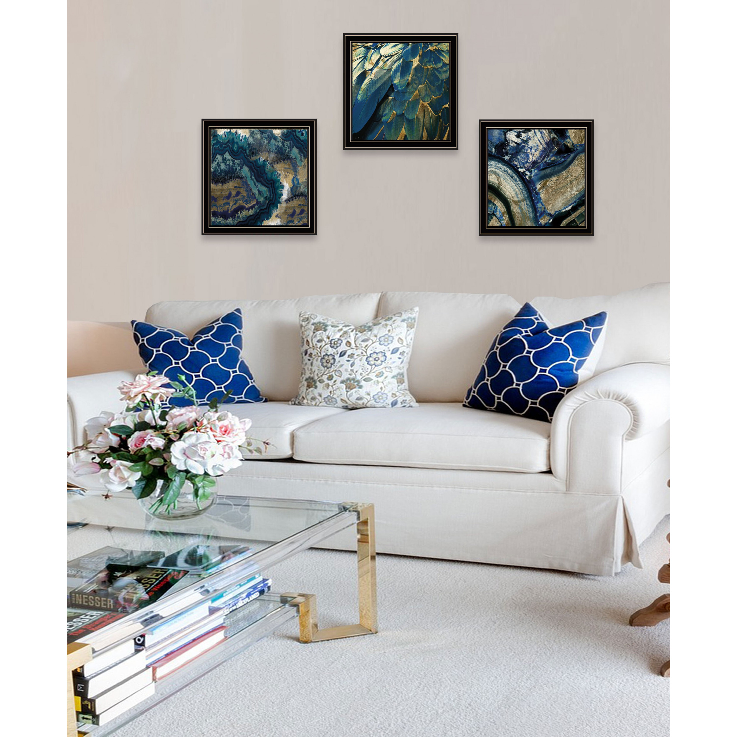 Set Of Three Deep Blue 1 Black Framed Print Wall Art