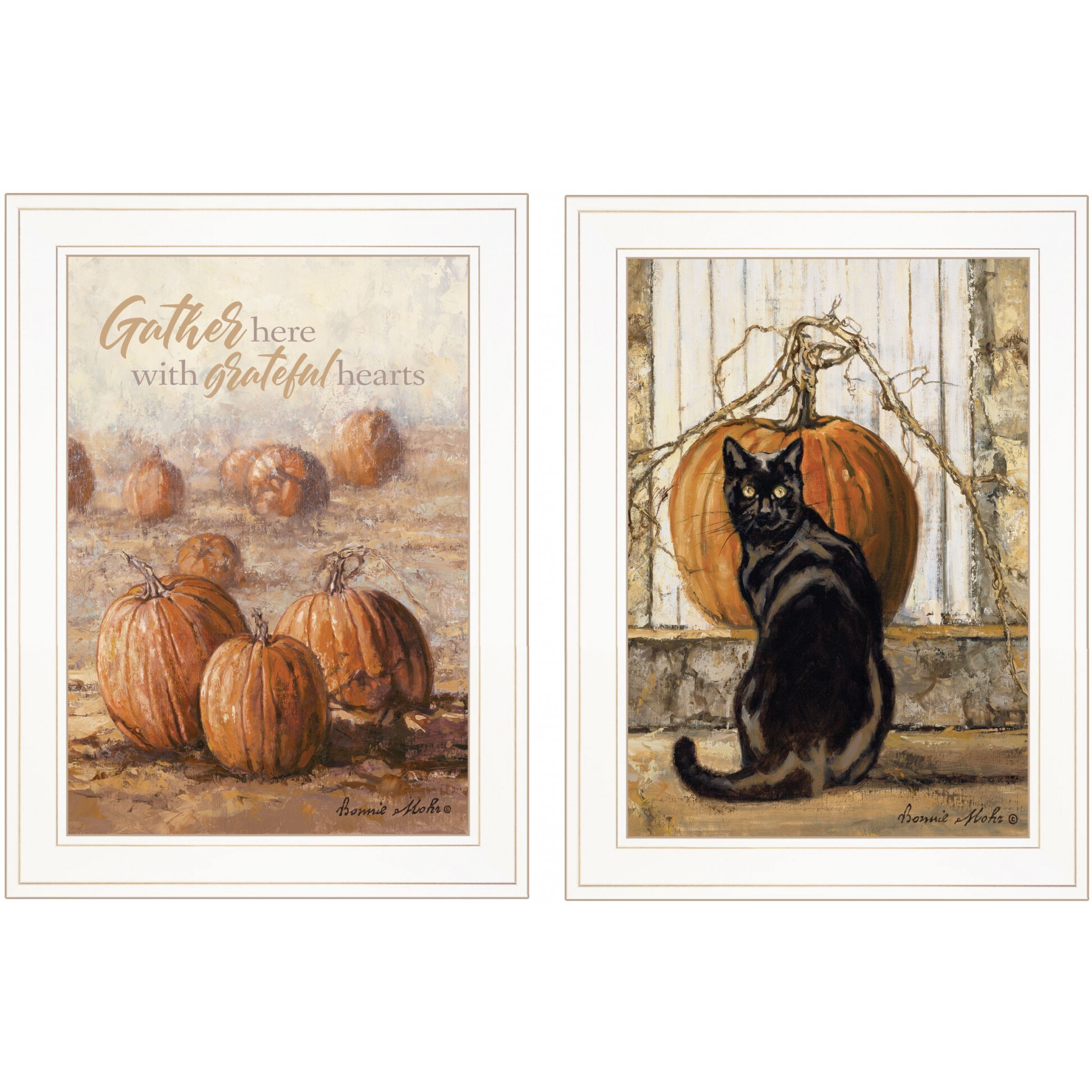 Set Of Two Pumpkins With A Black Cat 1 White Framed Print Wall Art