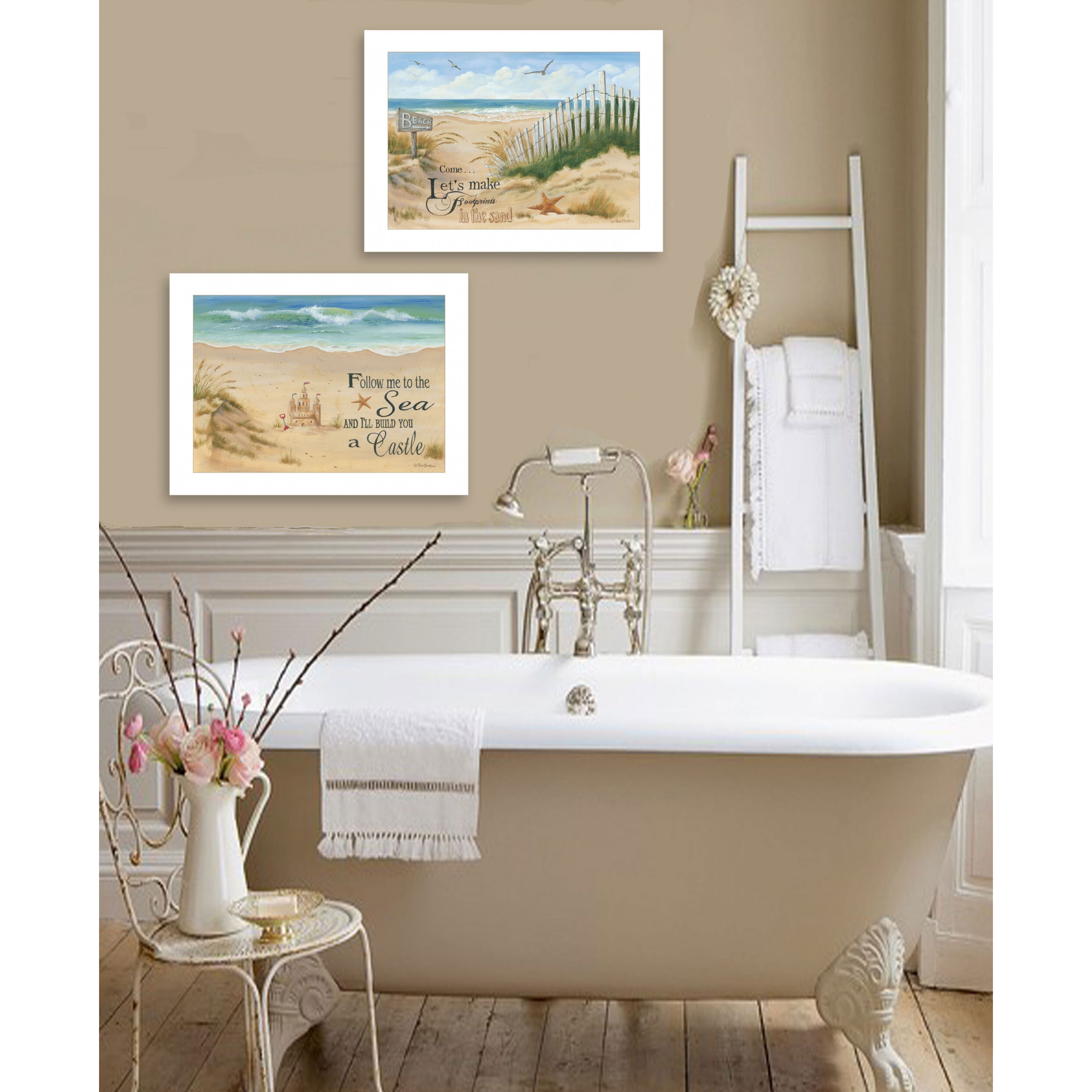 Set Of Two Sand Castle And Footprints 1 White Framed Print Wall Art