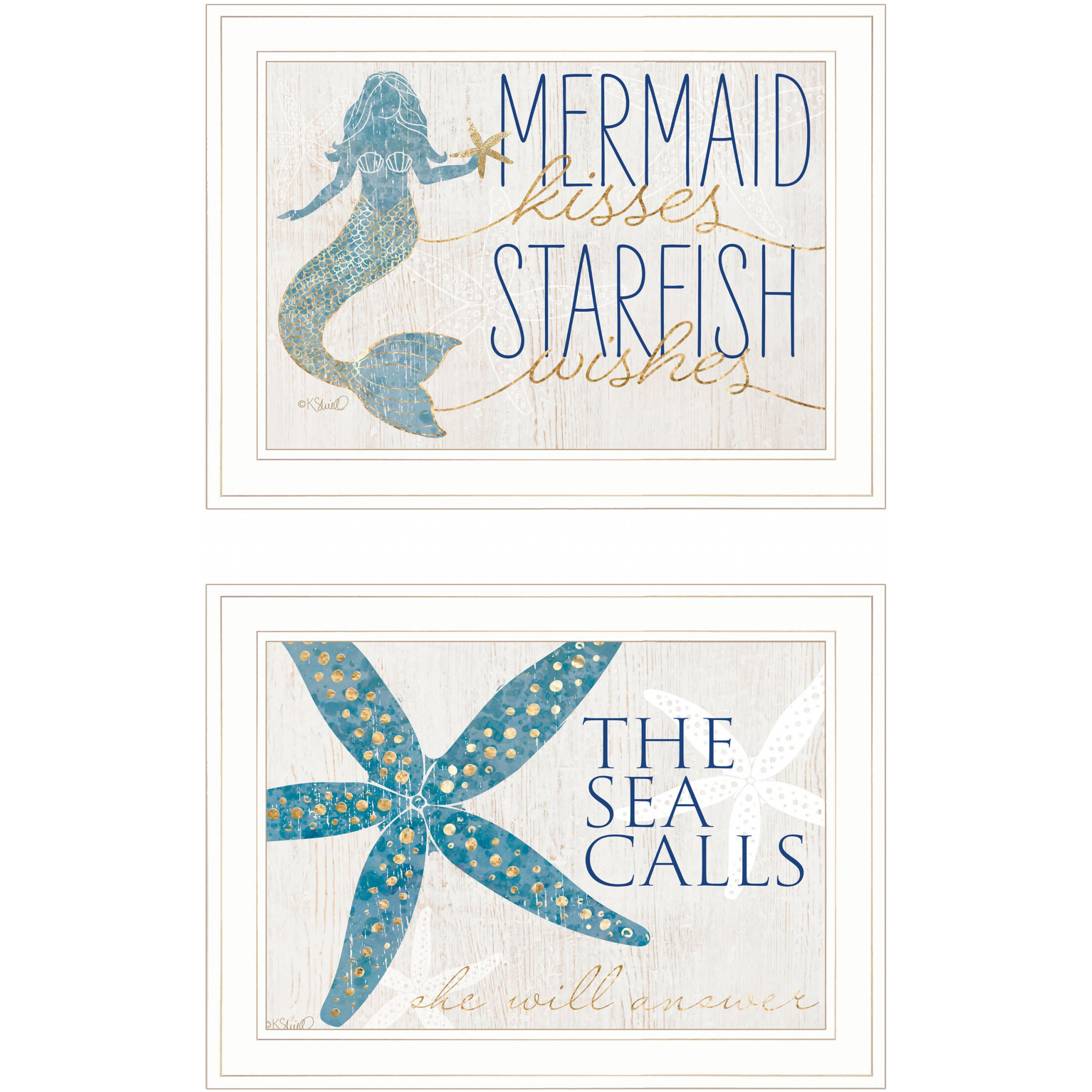 Set Of Two Mermaid Kisses Starfish Wishes 2 White Framed Print Wall Art