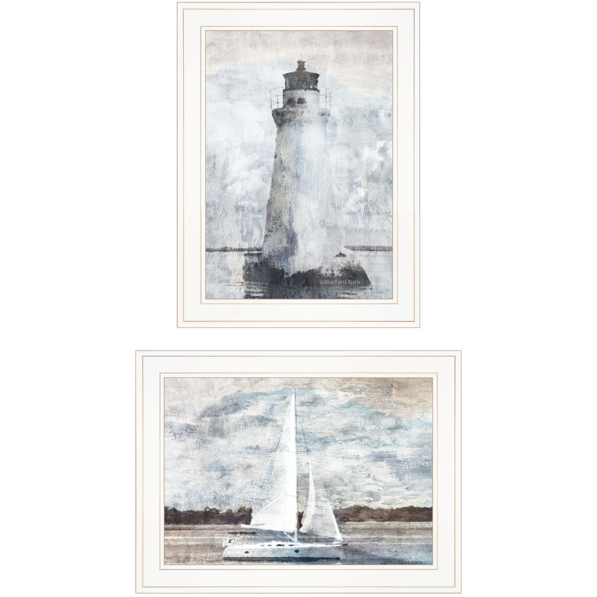 Set Of Two Lighthouse Sailboat White Framed Print Wall Art
