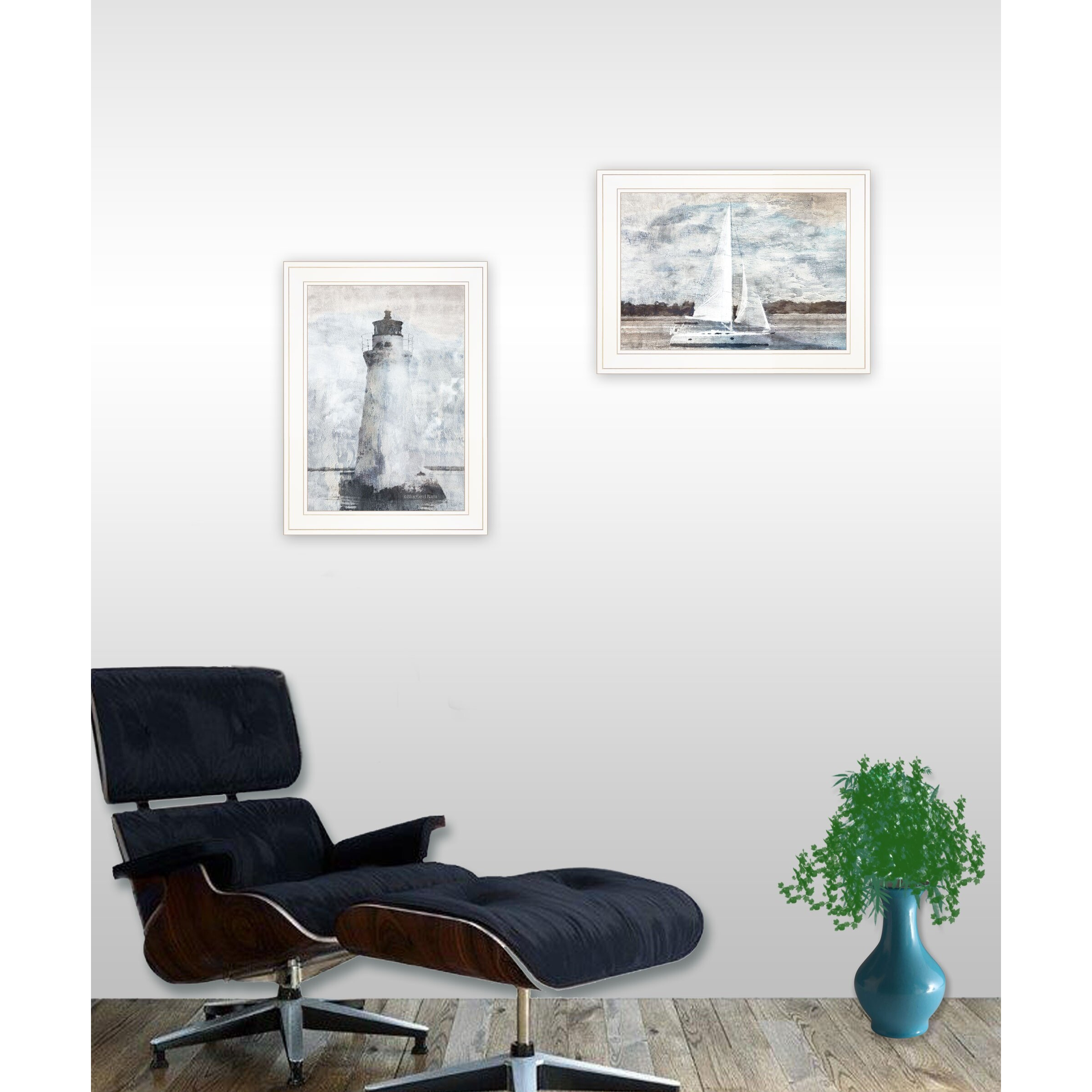 Set Of Two Lighthouse Sailboat White Framed Print Wall Art