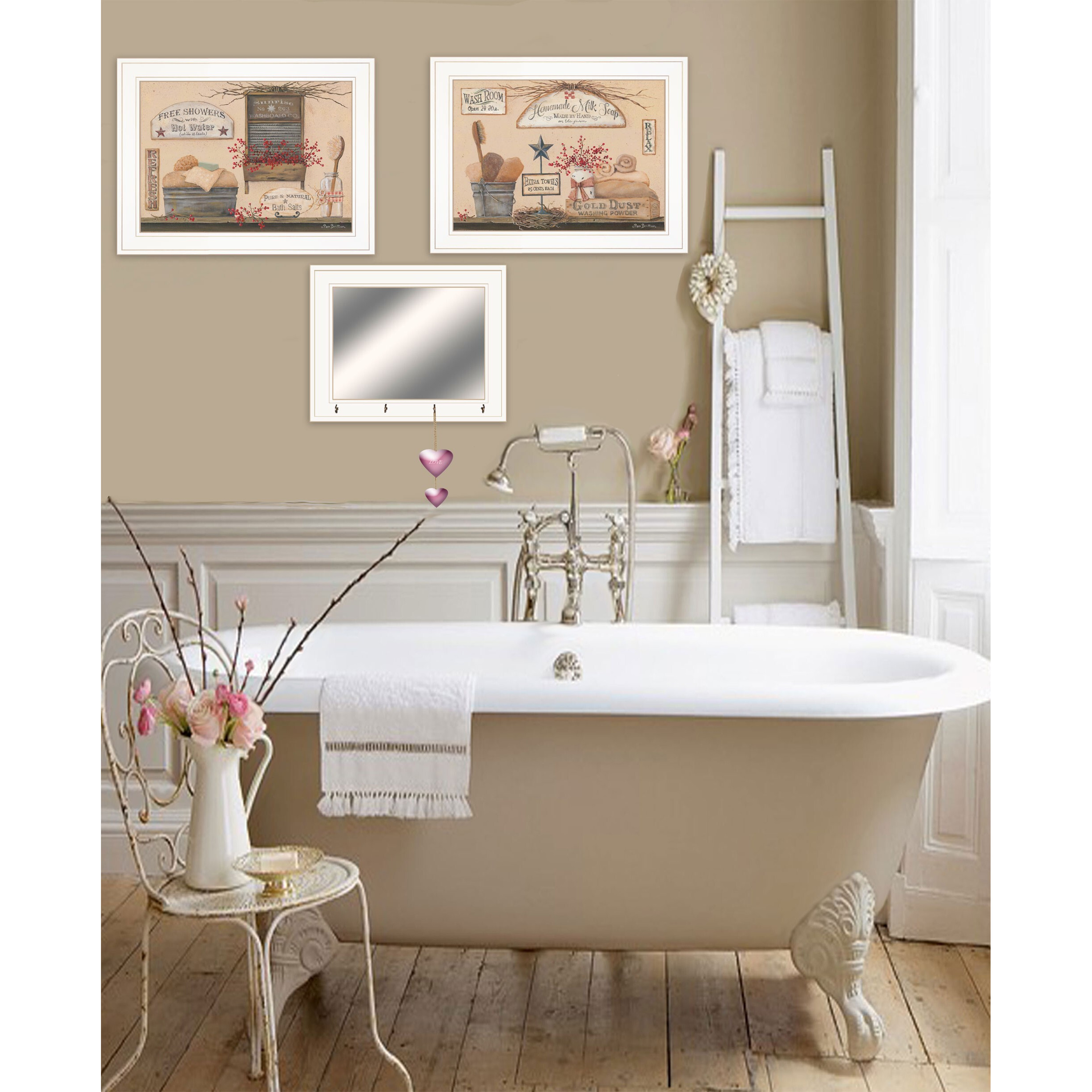 Set Of Three Wash Room White Frame Bathroom Wall Art With Hooks