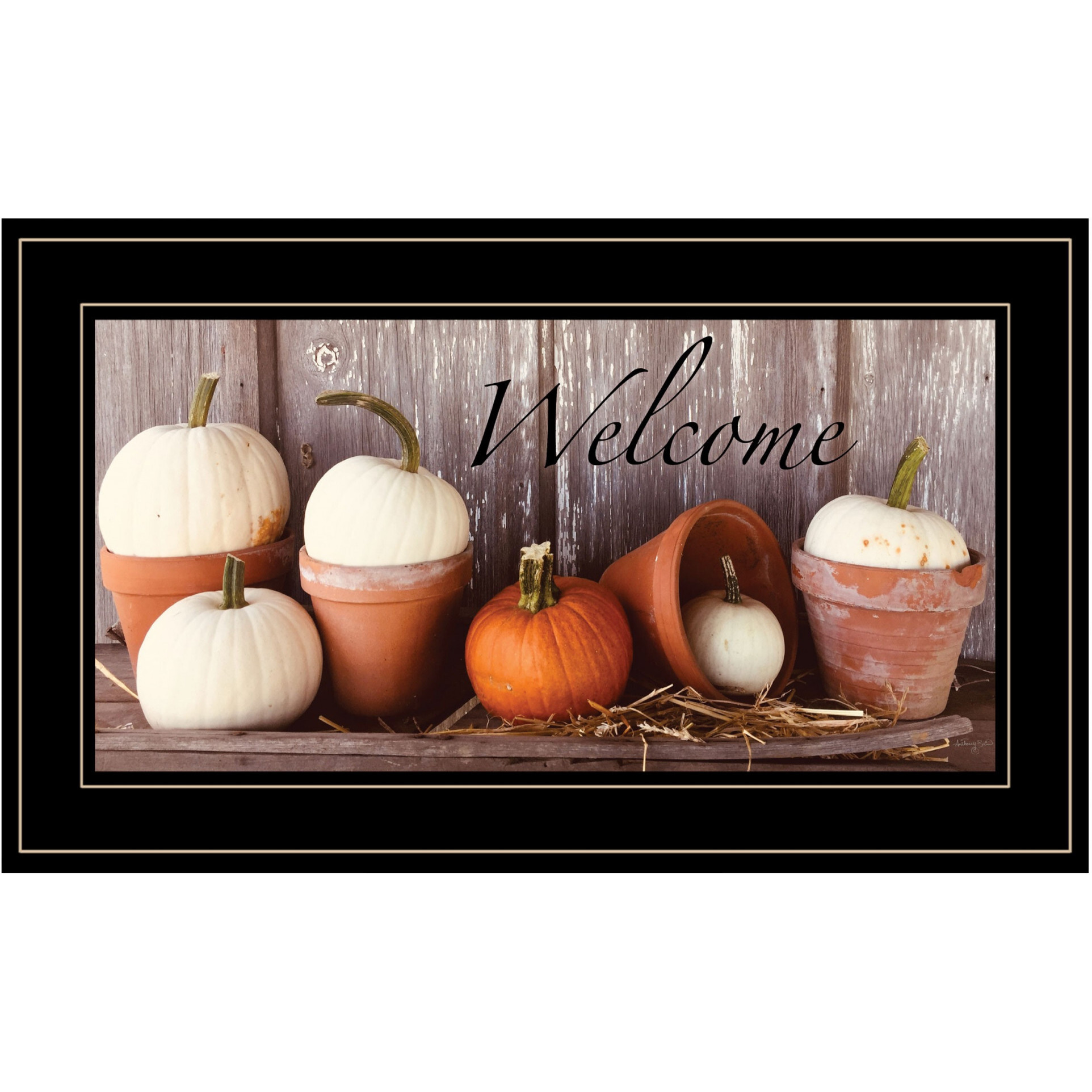 Welcome Pumpkin Shelf 2 Black Framed Print Wall Art