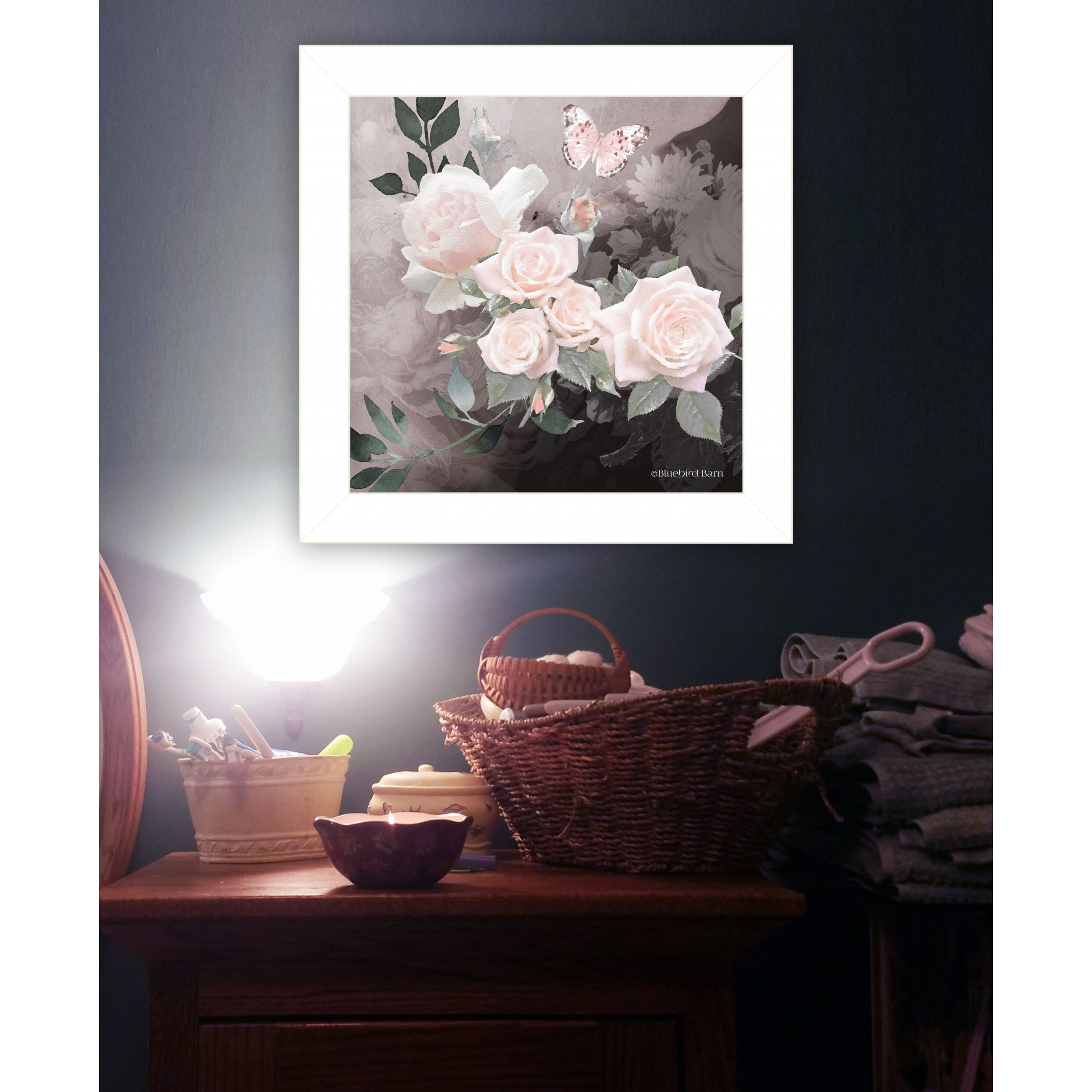 Pink Roses And Butterfly White Framed Print Wall Art