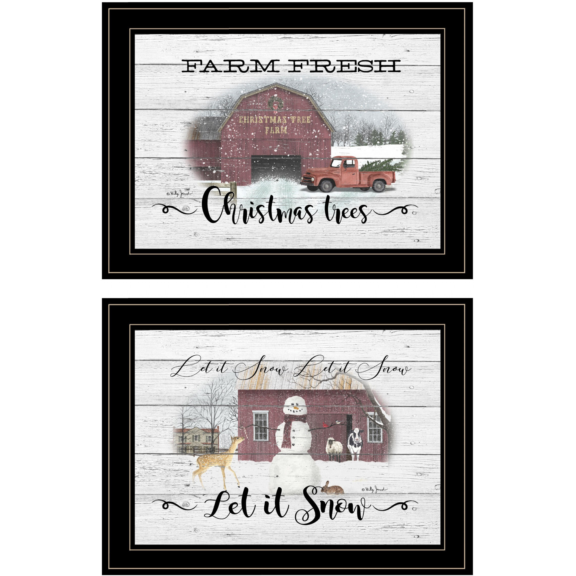 Set Of Two Farm Christmas Trees And Snow Black Framed Print Wall Art