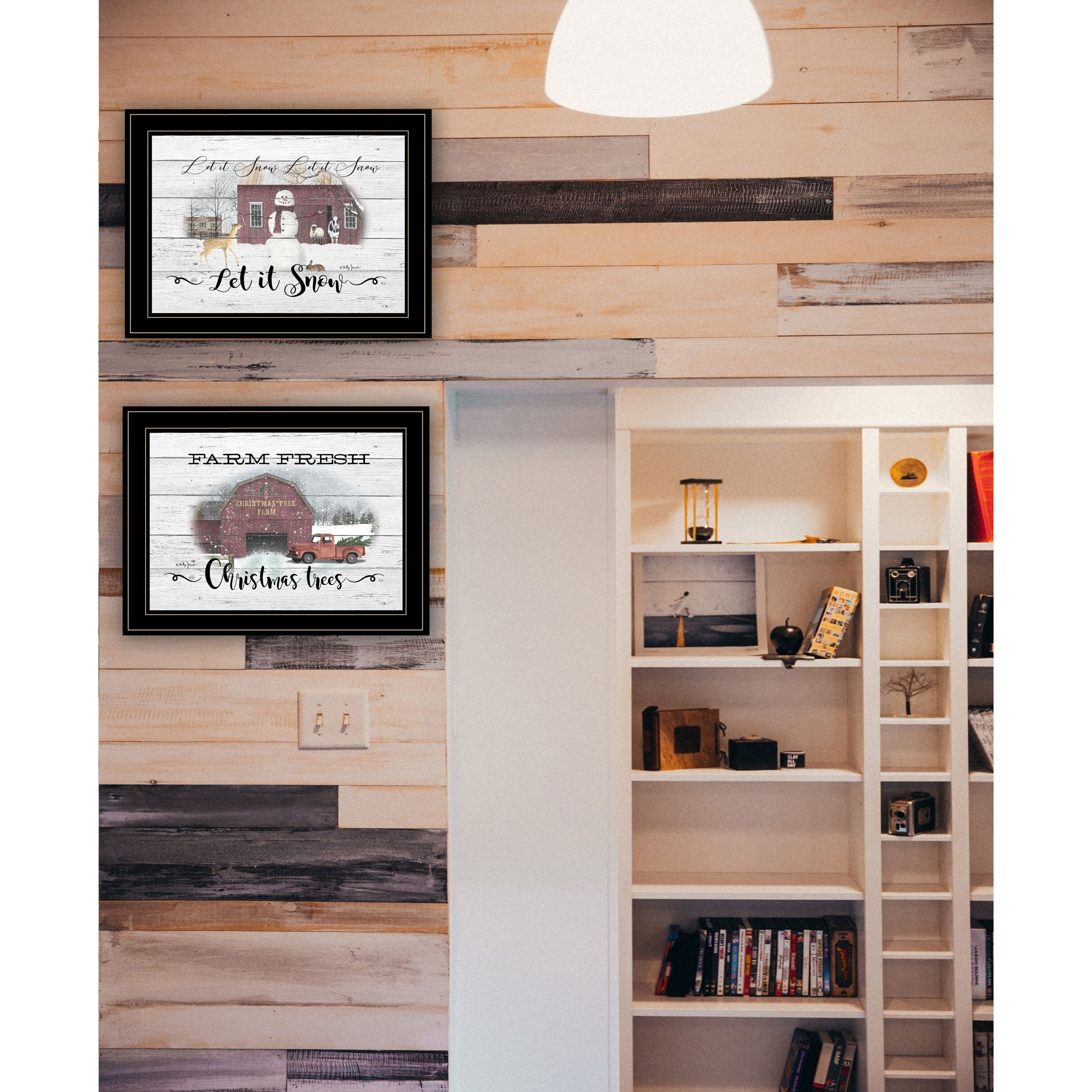 Set Of Two Farm Christmas Trees And Snow Black Framed Print Wall Art