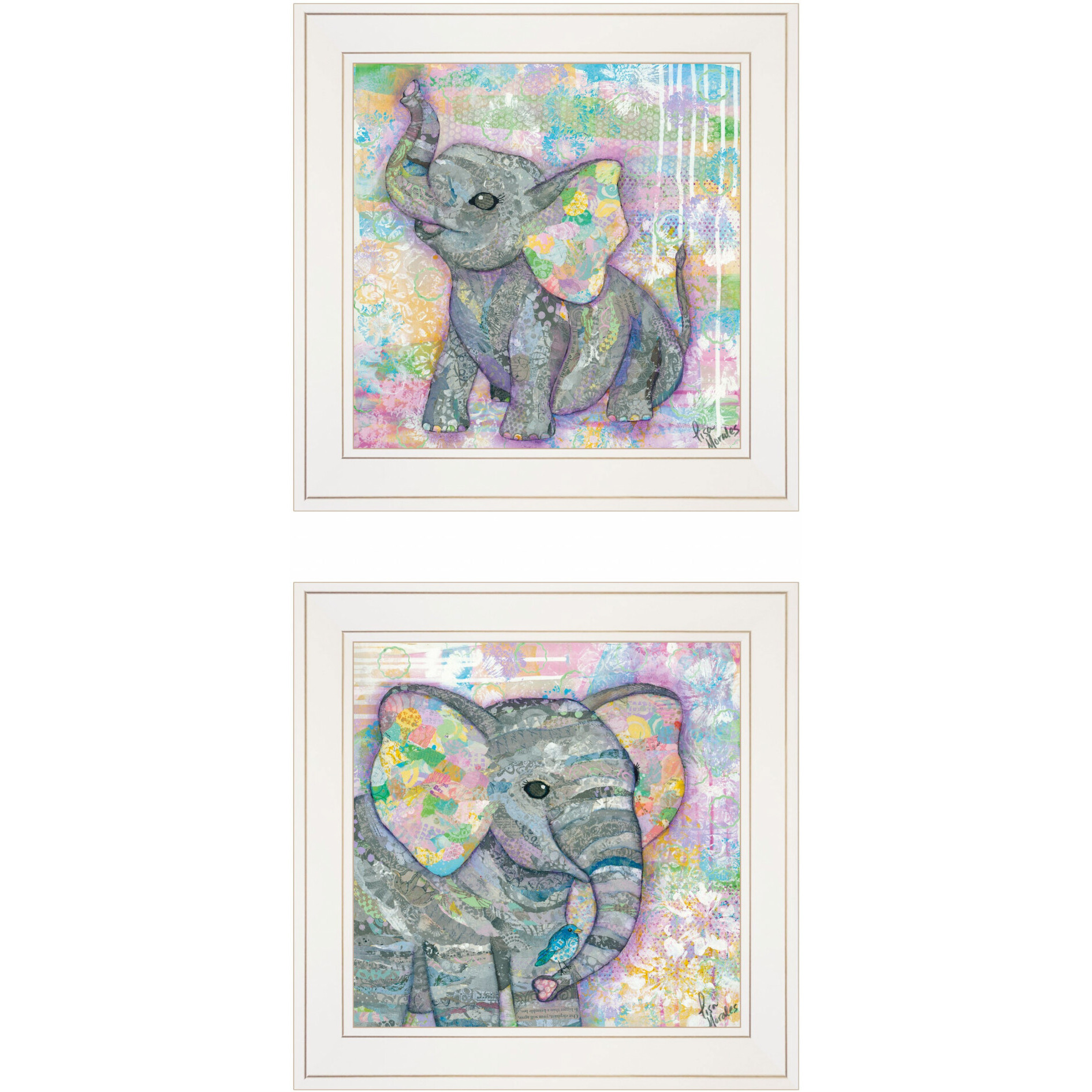 Set Of Two Whimsical Pastel Elephant White Framed Print Wall Art