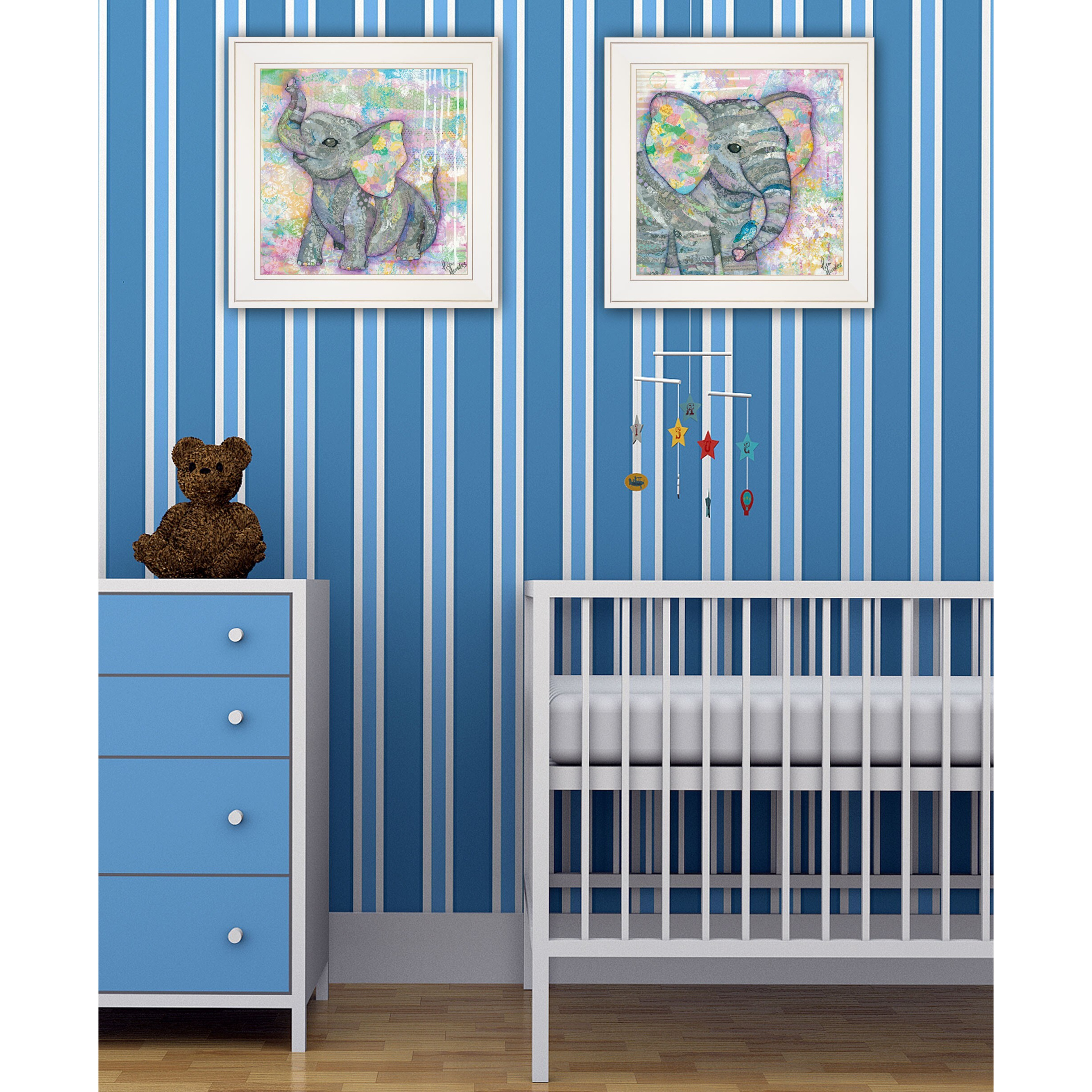 Set Of Two Whimsical Pastel Elephant White Framed Print Wall Art