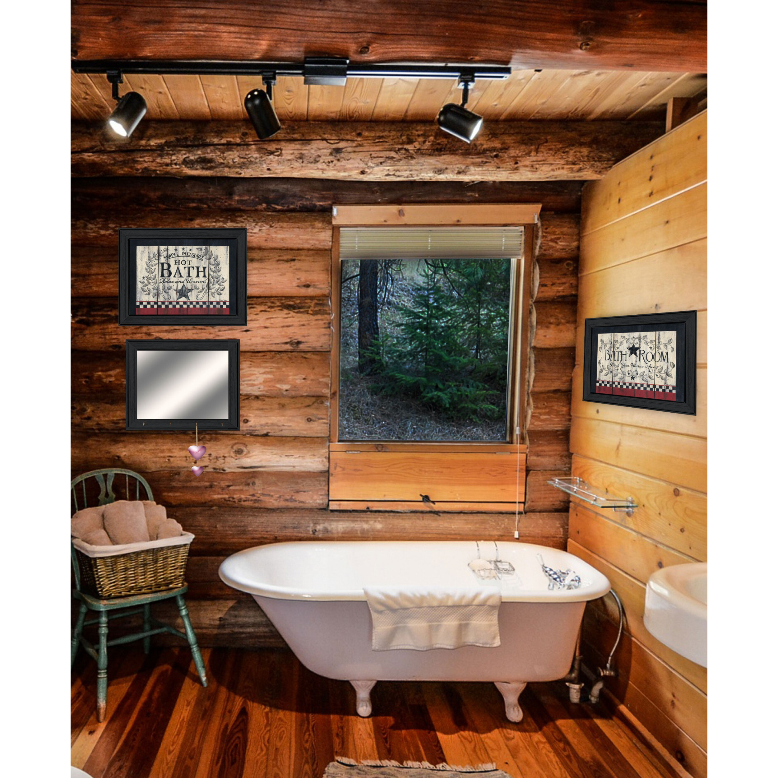 Set Of Three Americana Wash Room Black Frame Bathroom Wall Art With Mirror