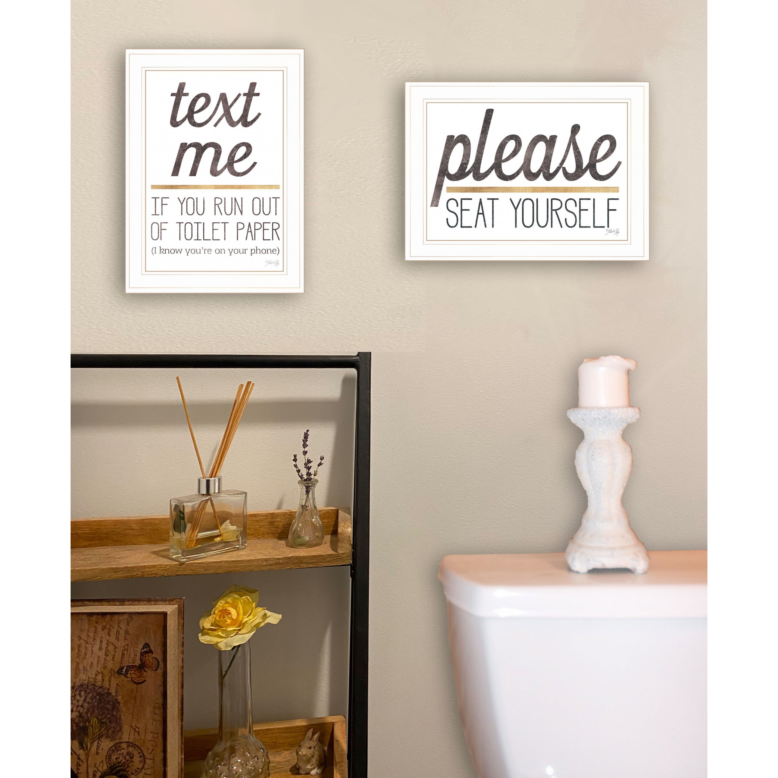 Set Of Two Text Me If You Run Out Of Toilet Paper While Seated 1 White Framed Print Wall Art