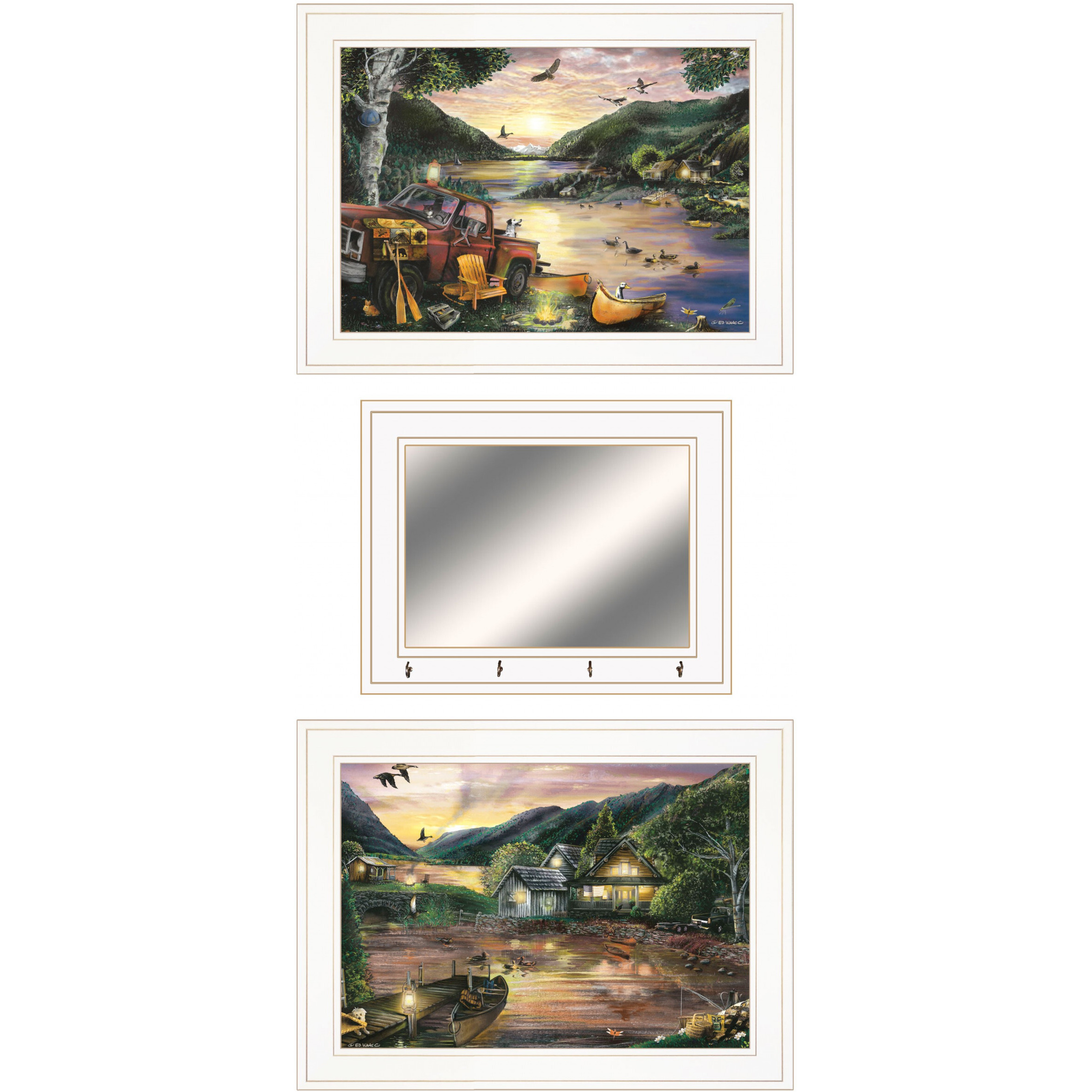 Set Of Three Lakefront Camping 1 White Framed Print Wall Art