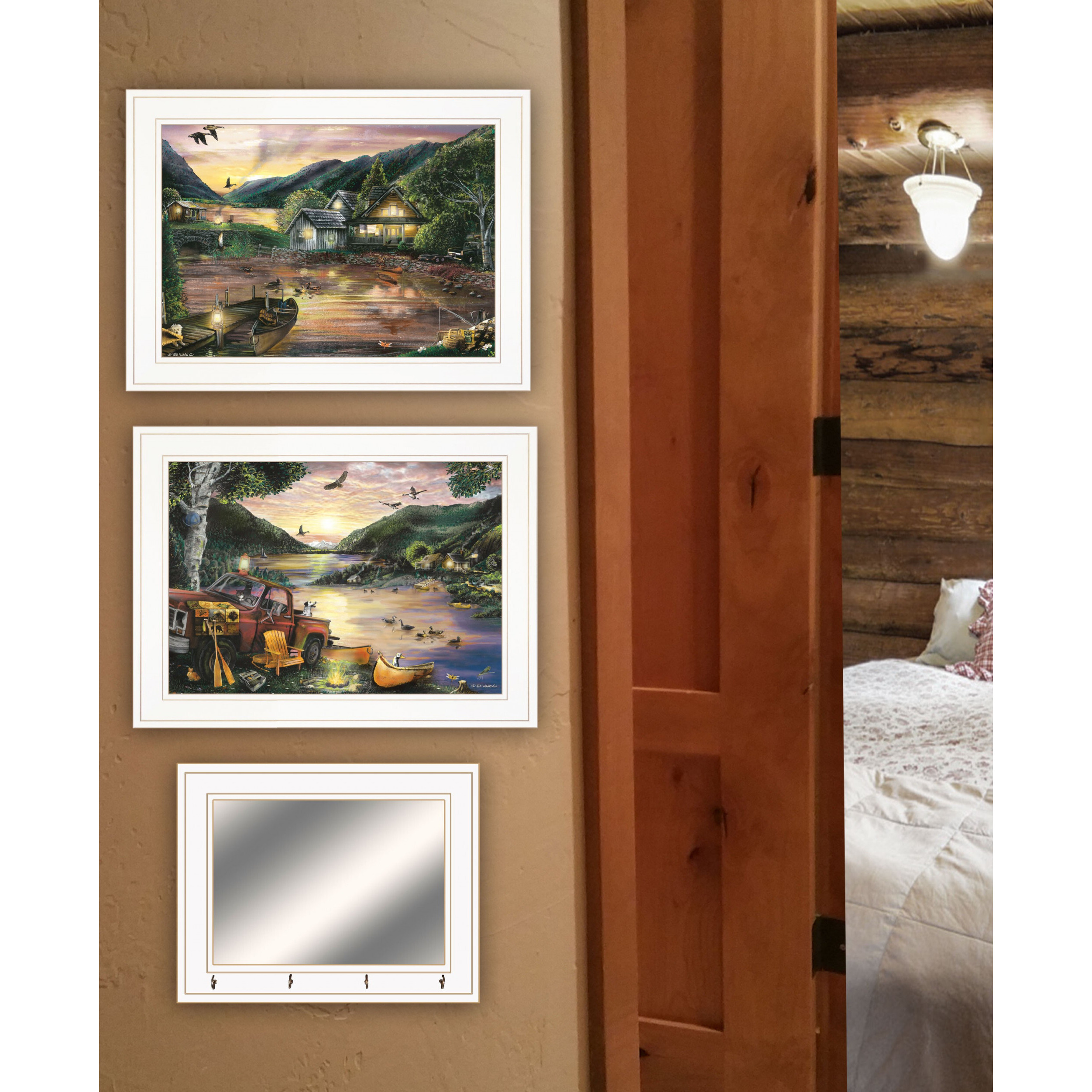 Set Of Three Lakefront Camping 1 White Framed Print Wall Art