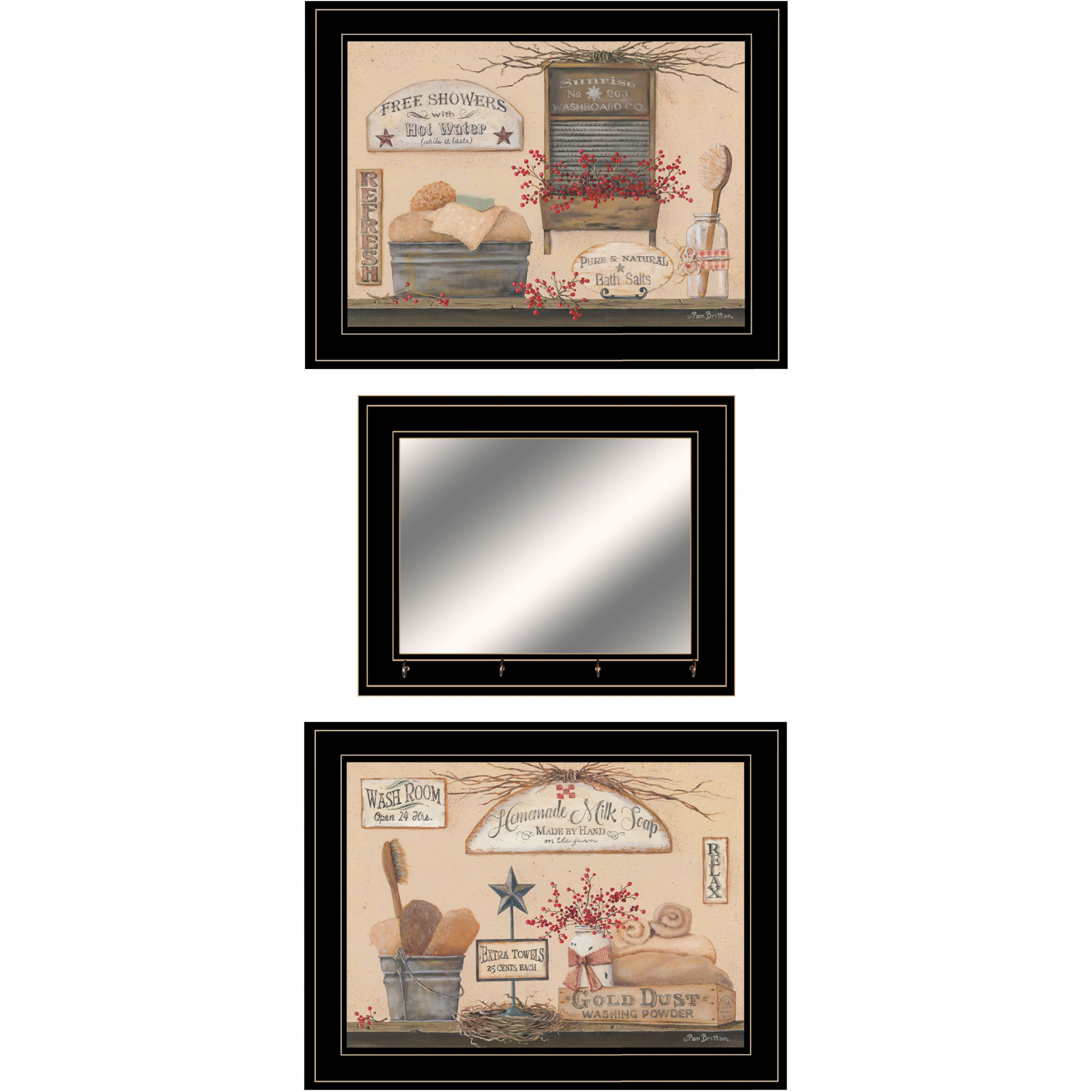 Set Of Three Wash Room Black Two Rim Frame Bathroom Wall Art