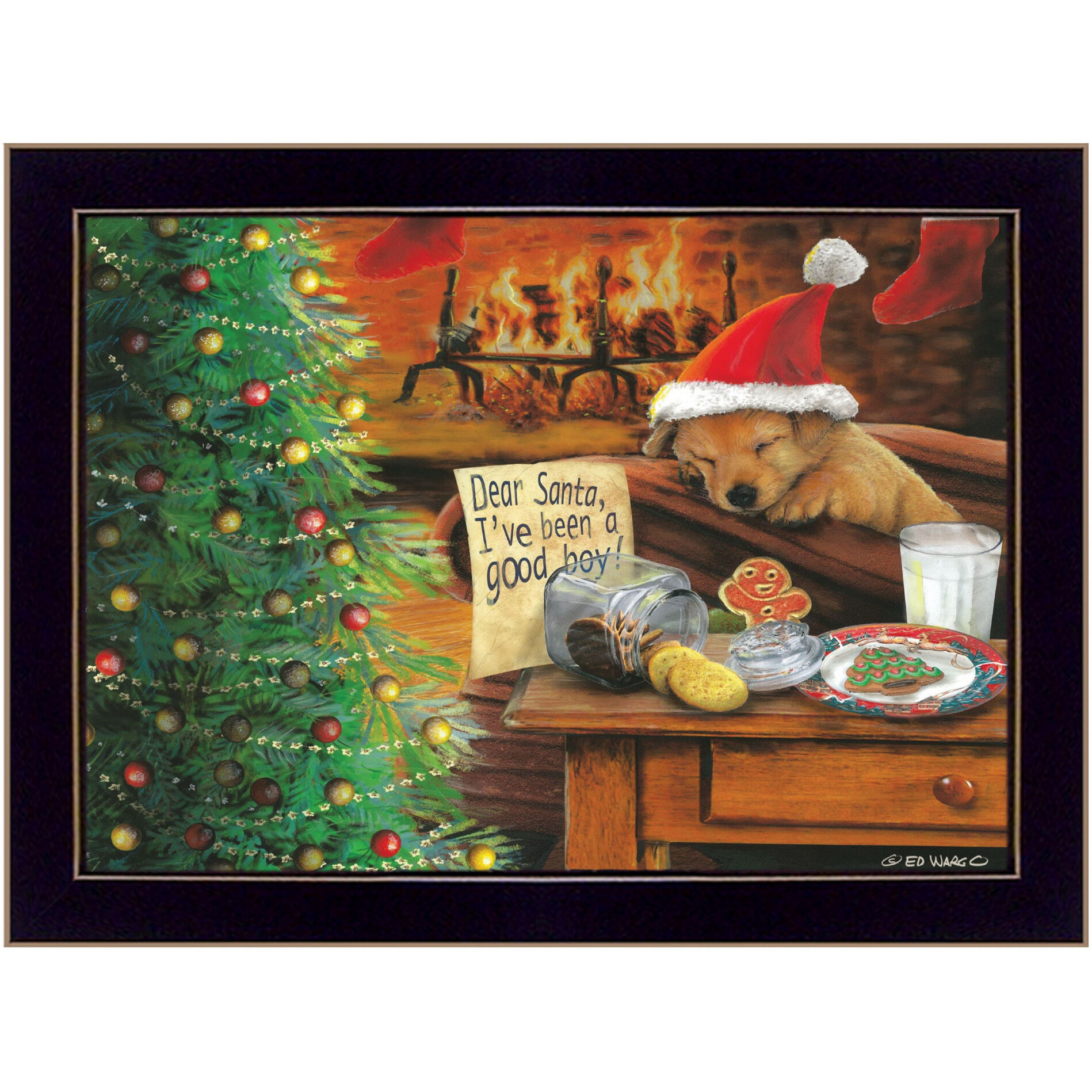 Christmas Eve Puppy Black Framed Print Wall Art
