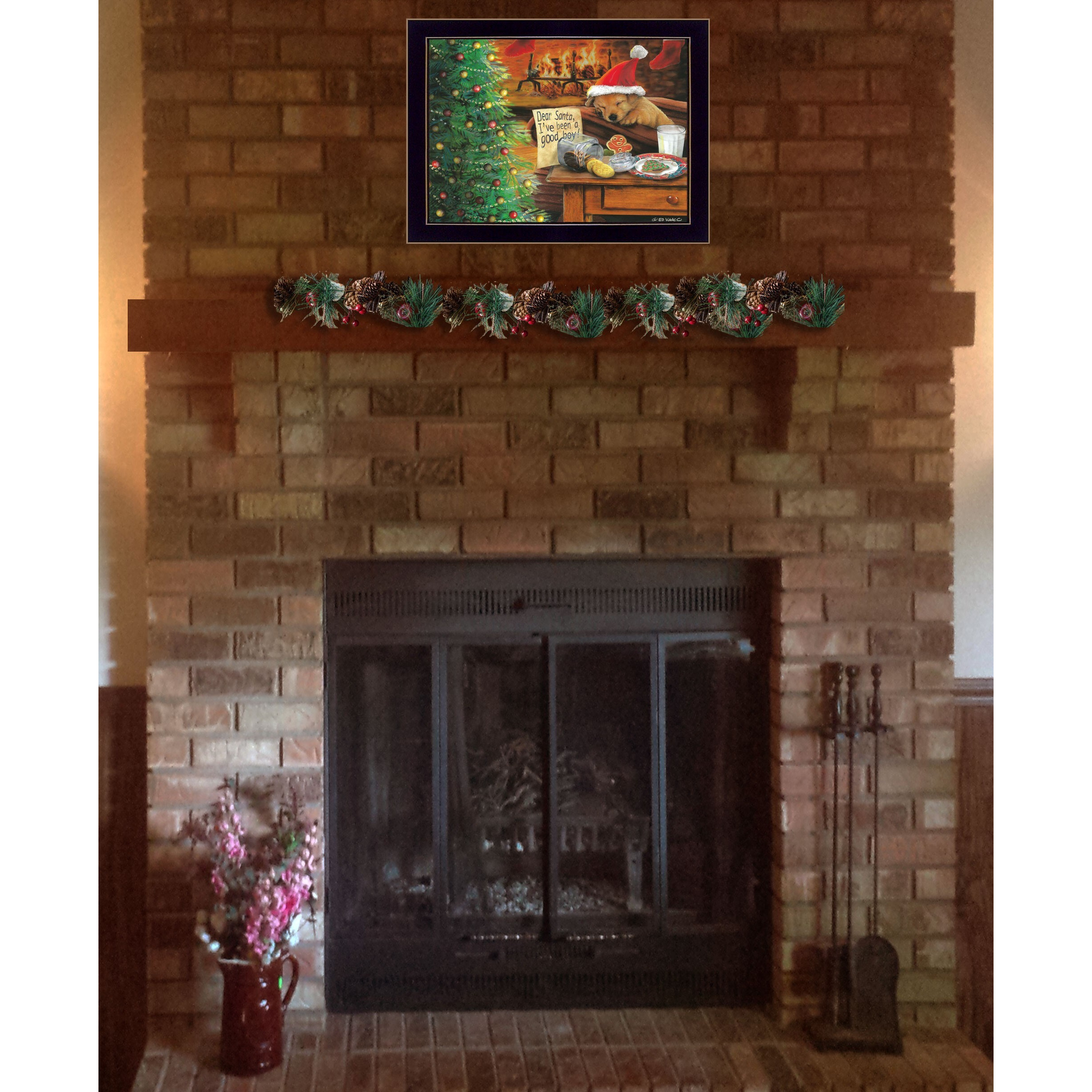 Christmas Eve Puppy Black Framed Print Wall Art