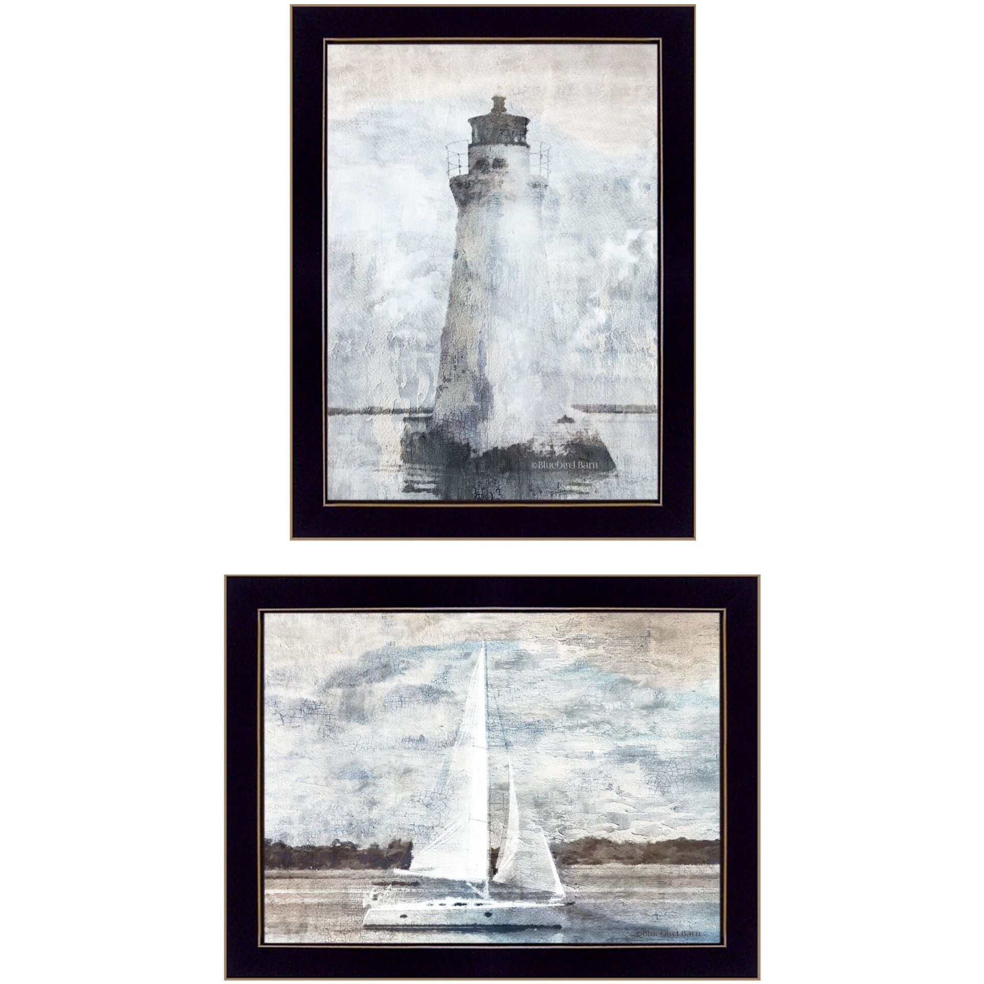 Set Of Two Lighthouse Sailboat Black Single Rim Framed Print Wall Art