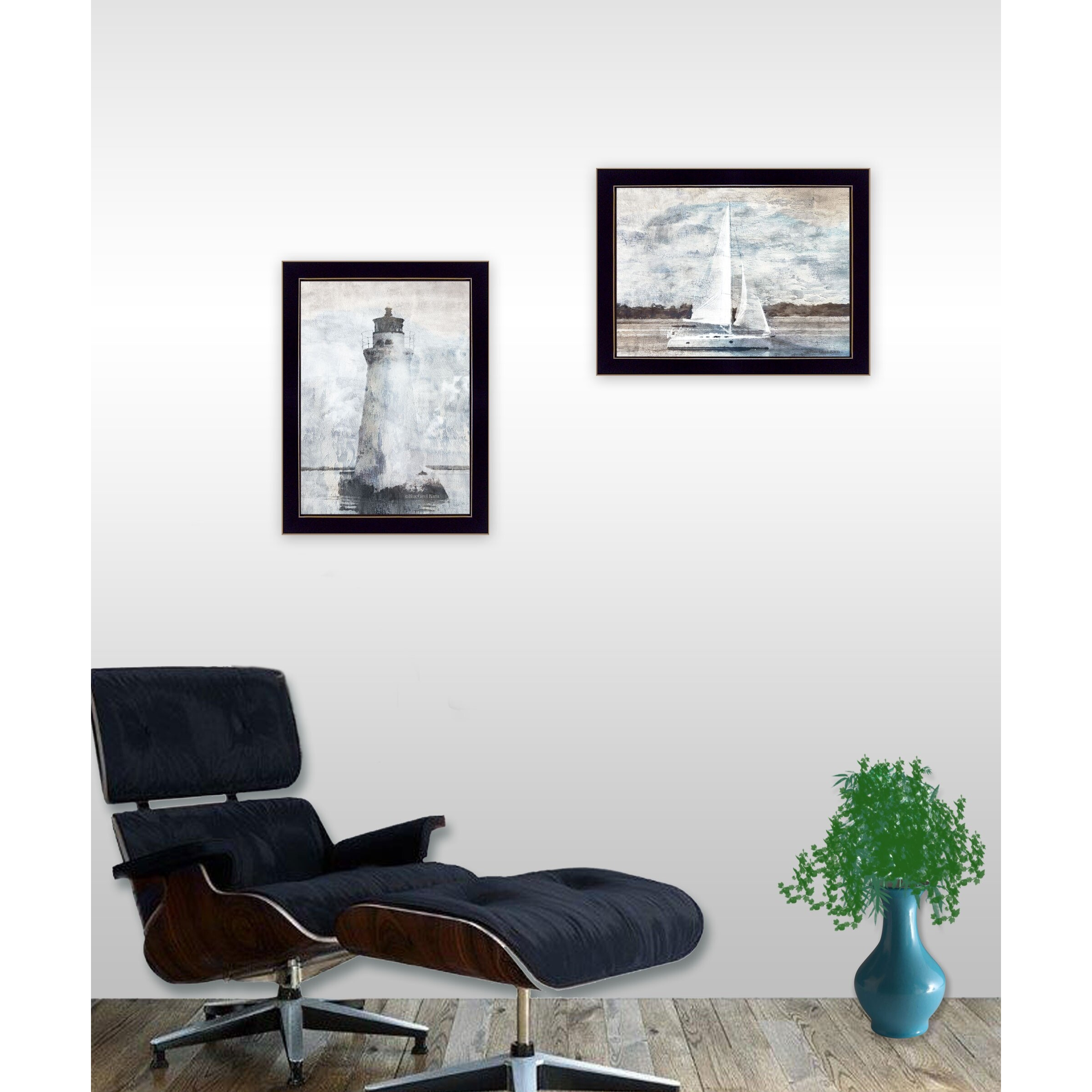 Set Of Two Lighthouse Sailboat Black Single Rim Framed Print Wall Art