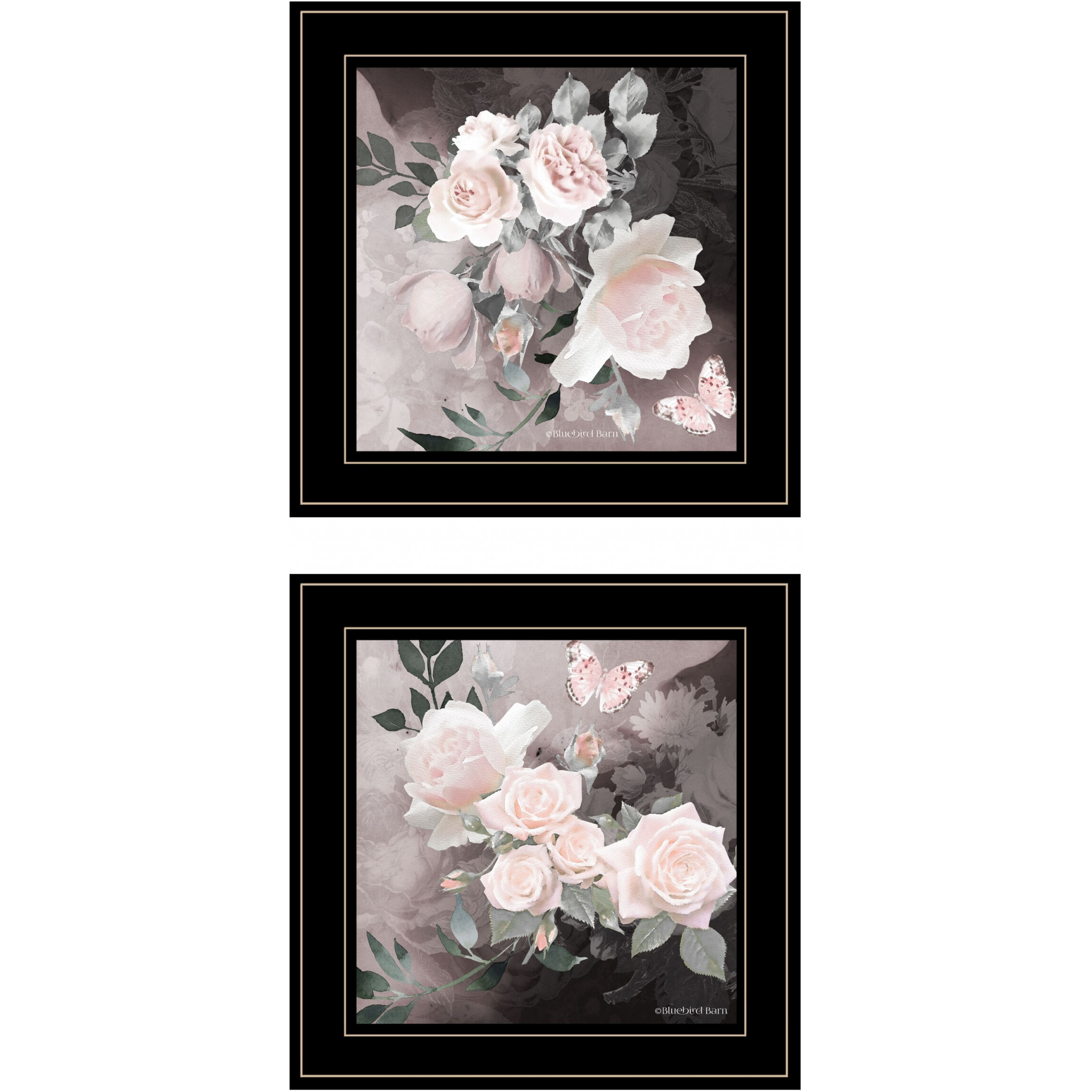 Set Of Two Pink Roses And Butterfly Black Framed Print Wall Art