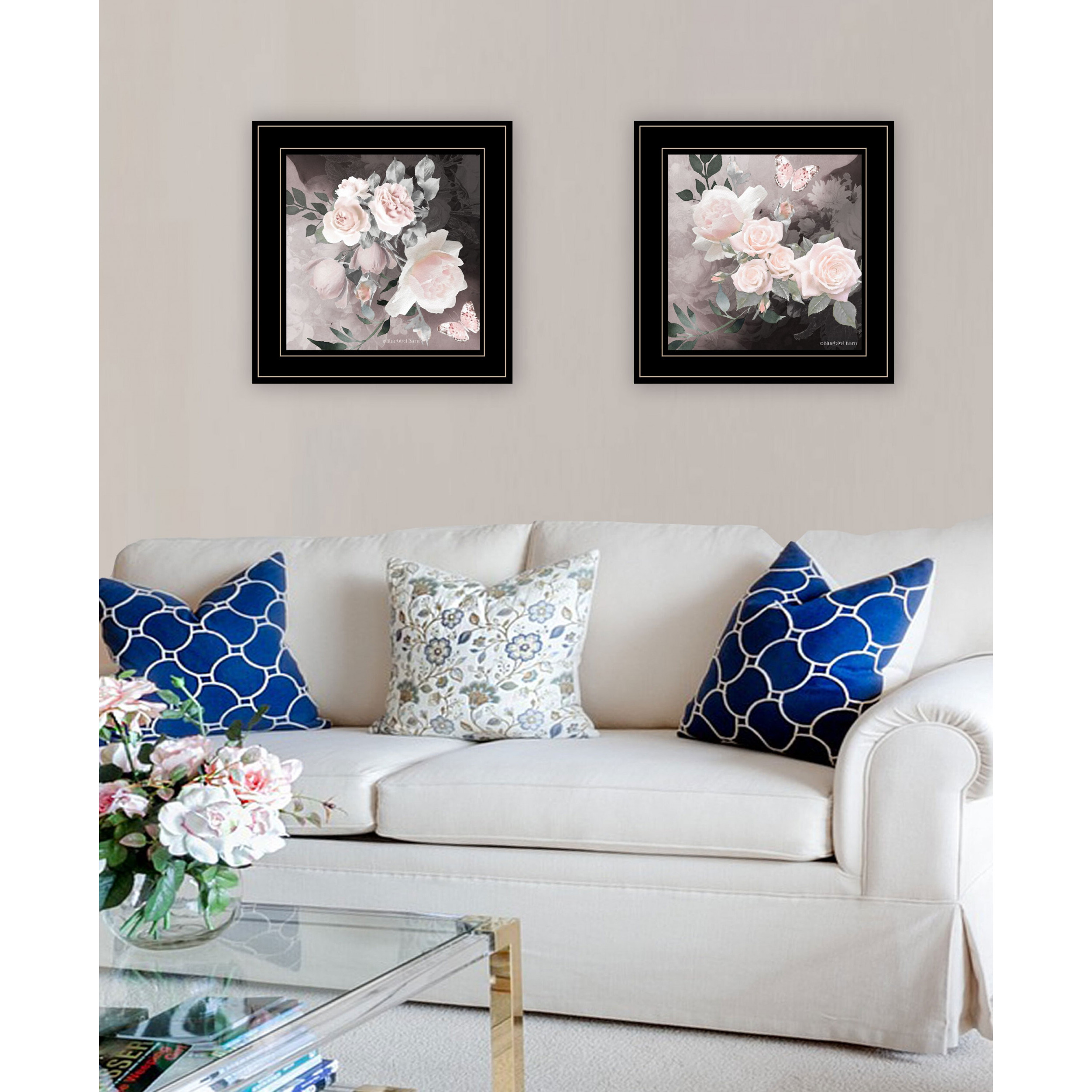 Set Of Two Pink Roses And Butterfly Black Framed Print Wall Art
