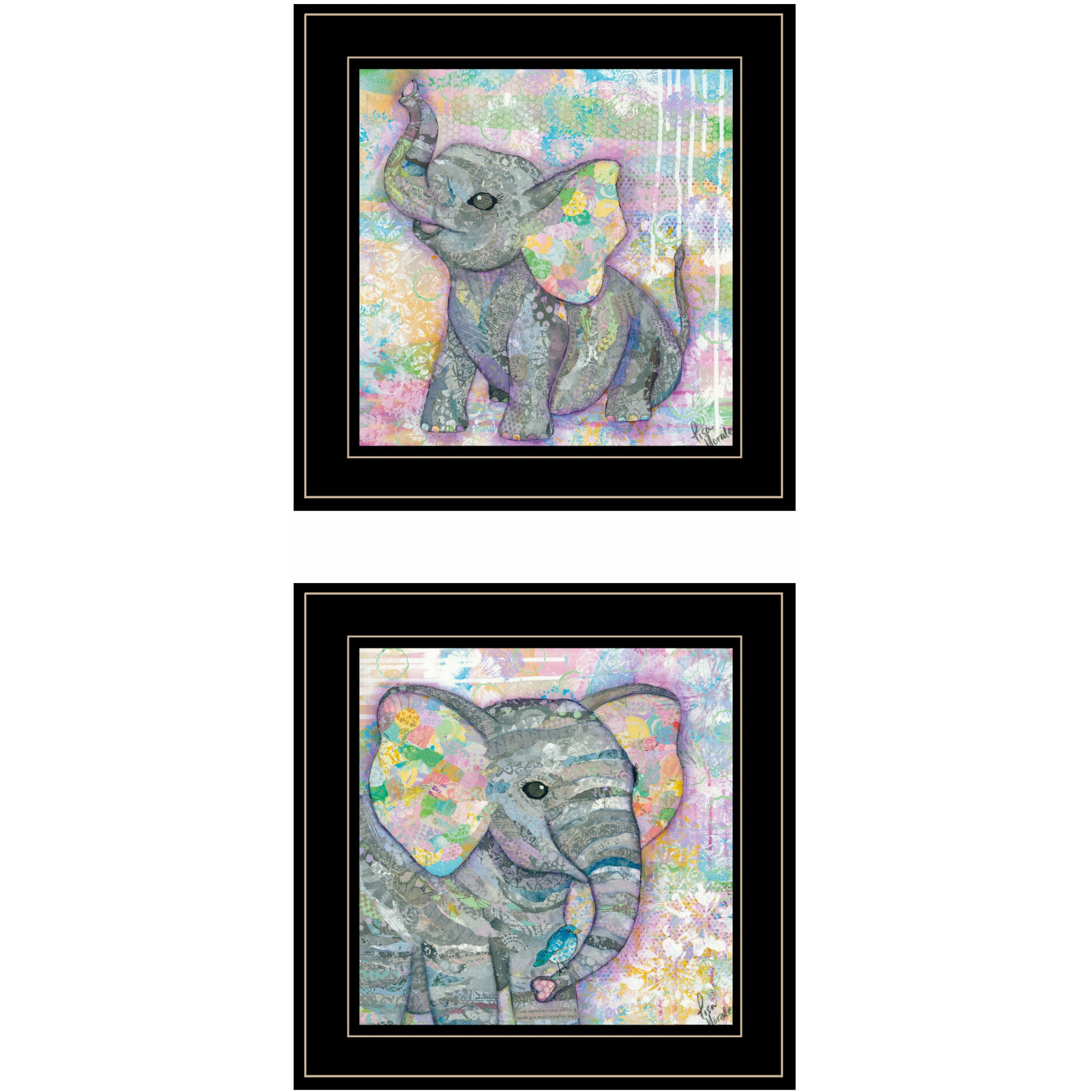 Set Of Two Whimsical Pastel Elephant Black Framed Print Wall Art