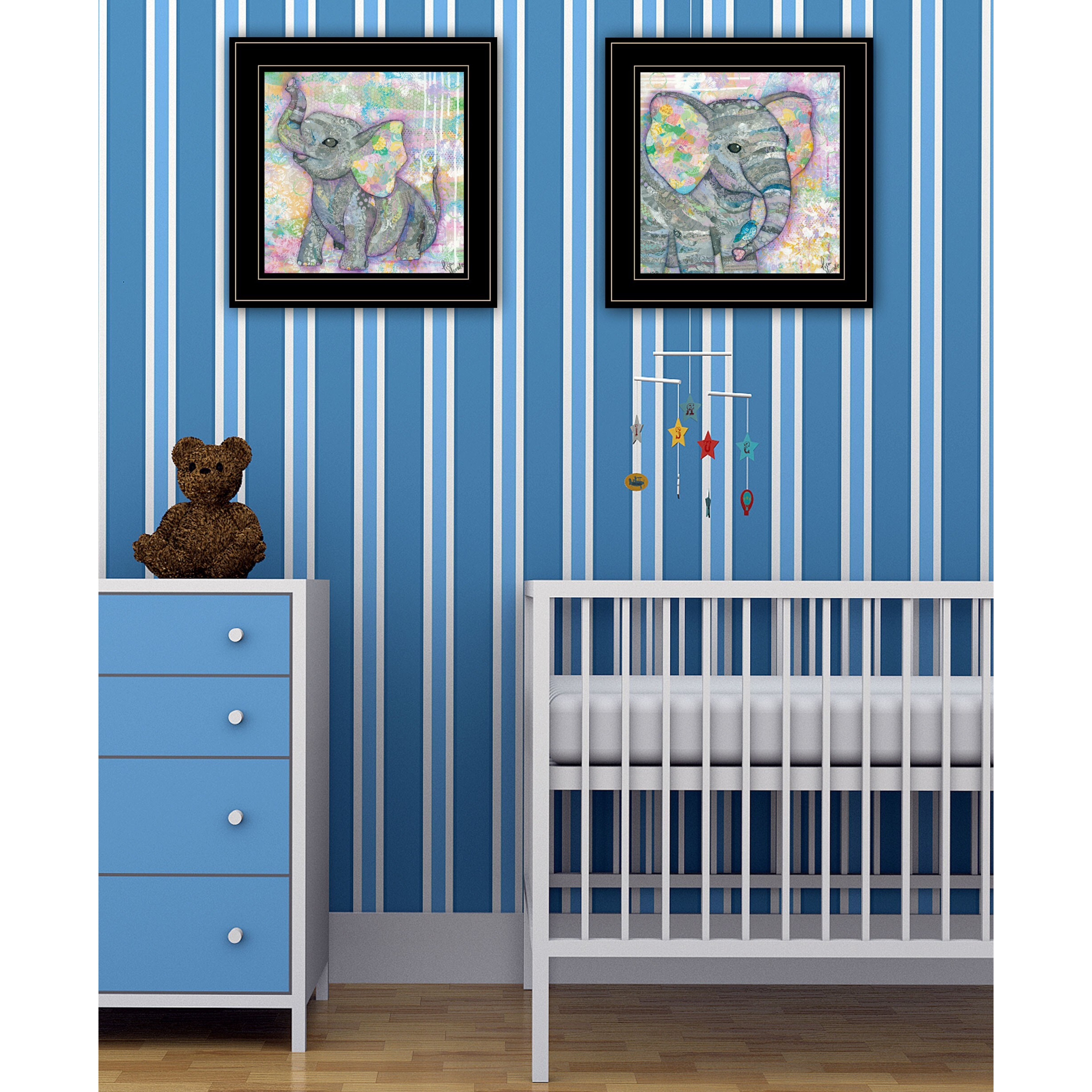 Set Of Two Whimsical Pastel Elephant Black Framed Print Wall Art