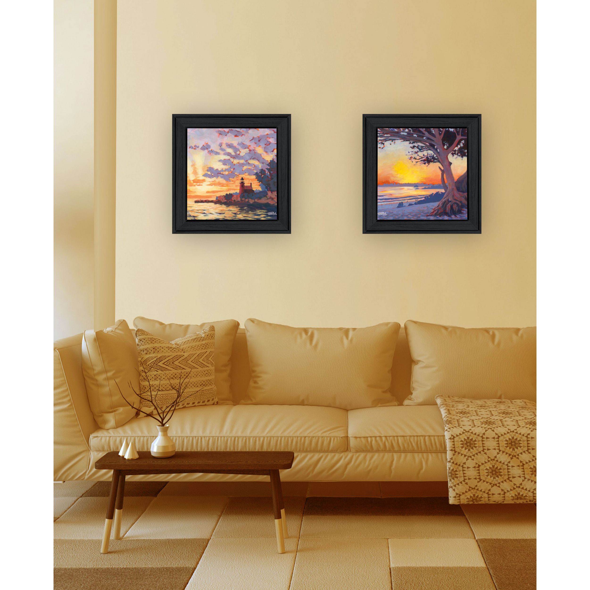 Set Of Two Carmel Beach And Lighthouse 2 Black Framed Print Wall Art