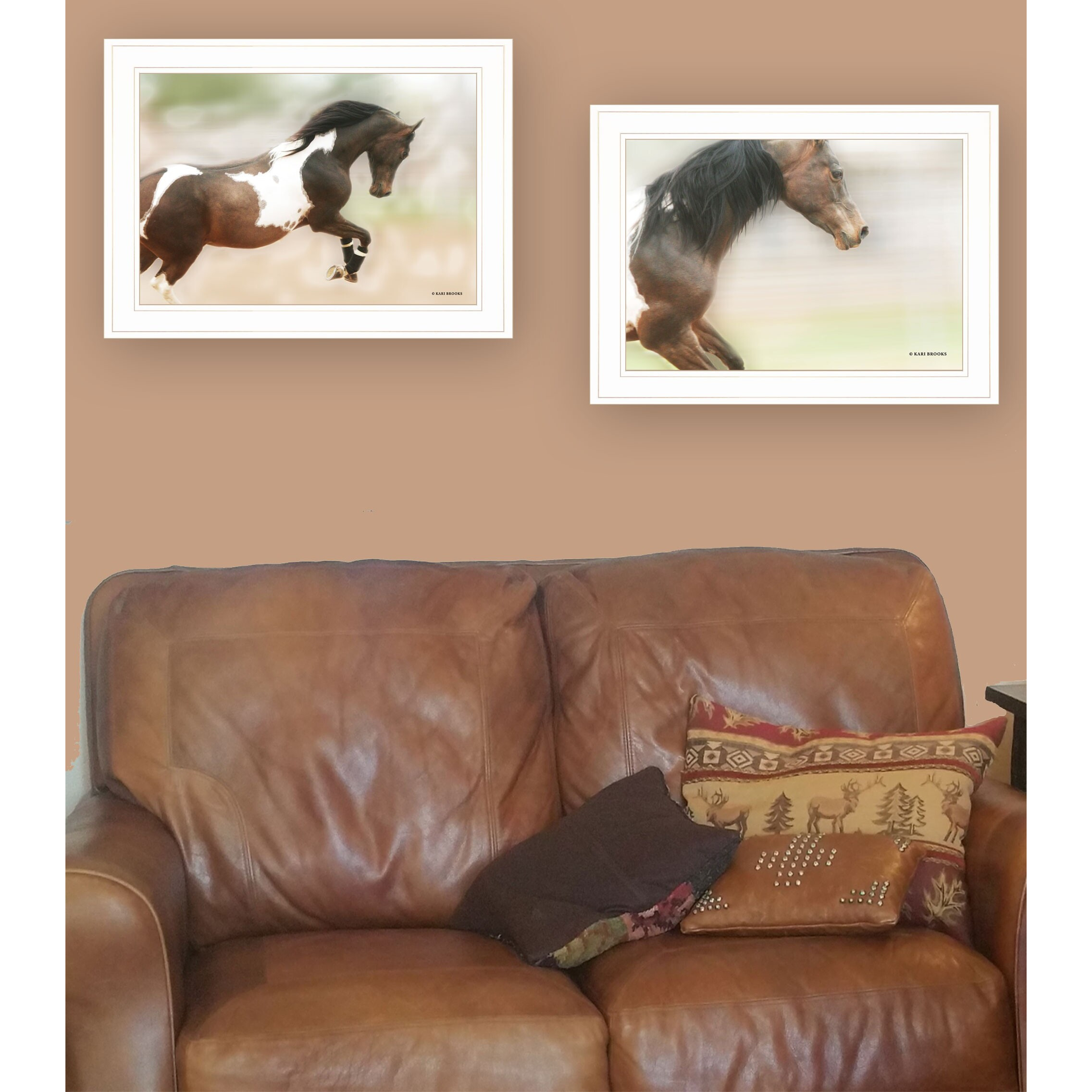 Set Of Two Wild Horses White Framed Print Wall Art