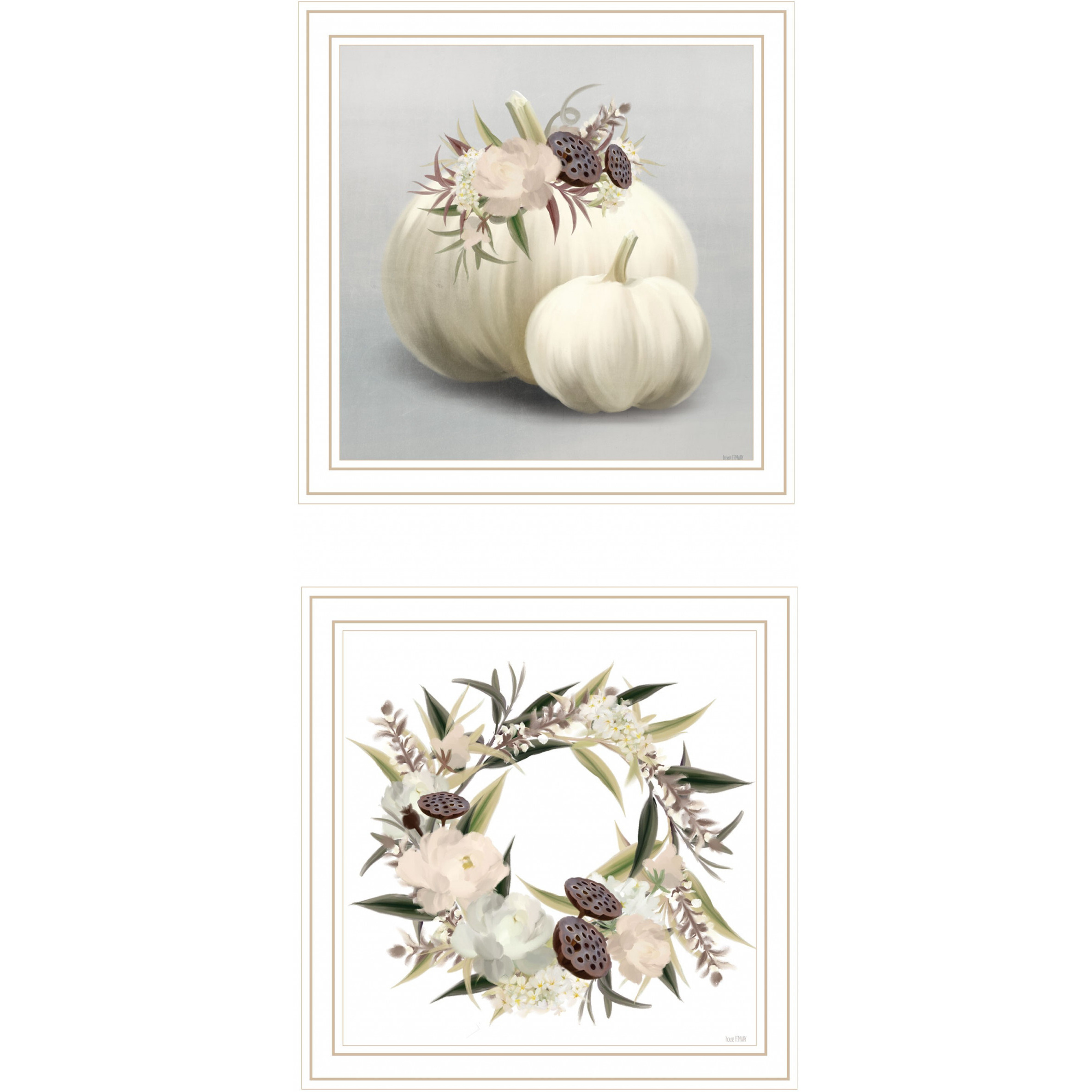 Set Of Two Boho Pumpkins And Flowers 2 White Framed Print Wall Art