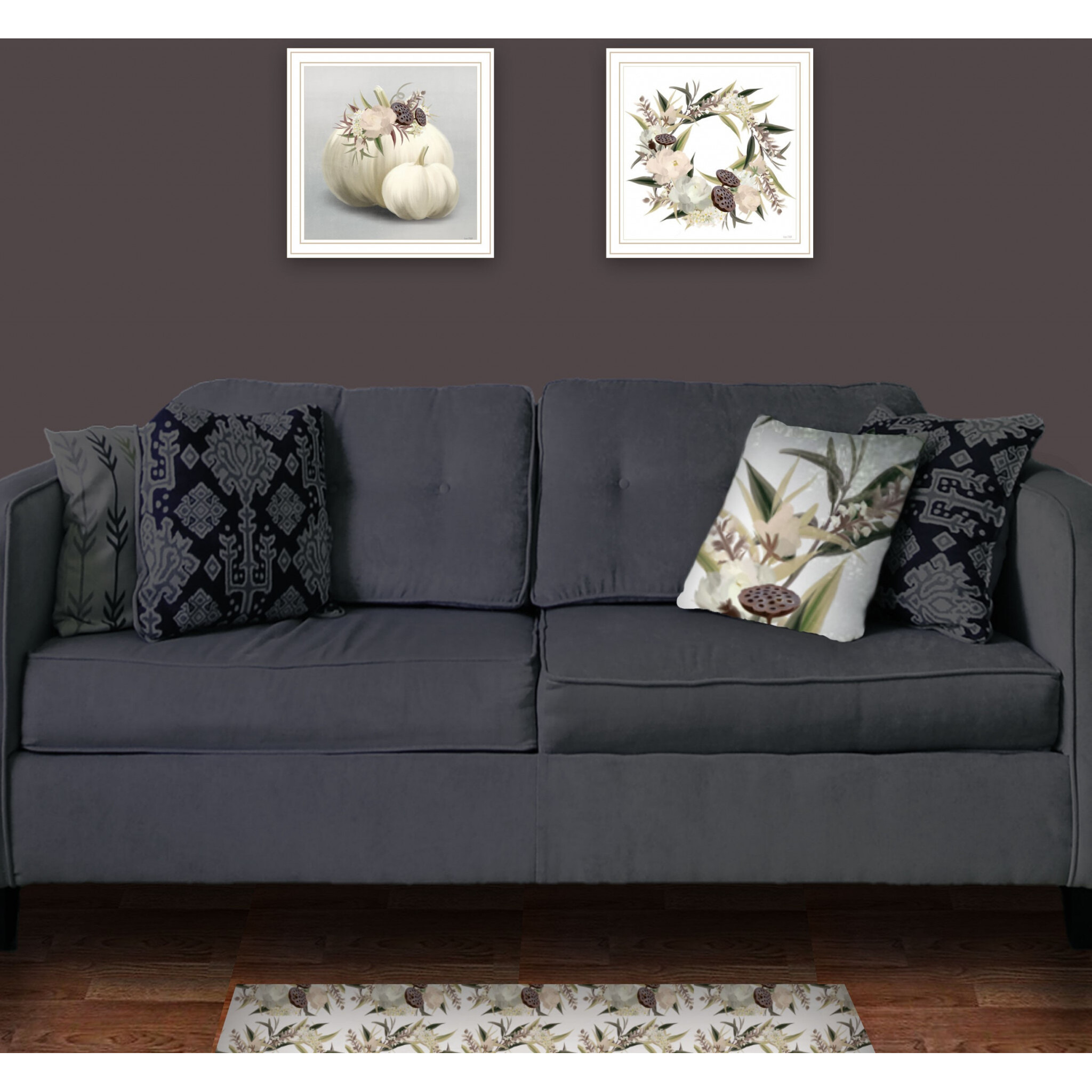 Set Of Two Boho Pumpkins And Flowers 2 White Framed Print Wall Art