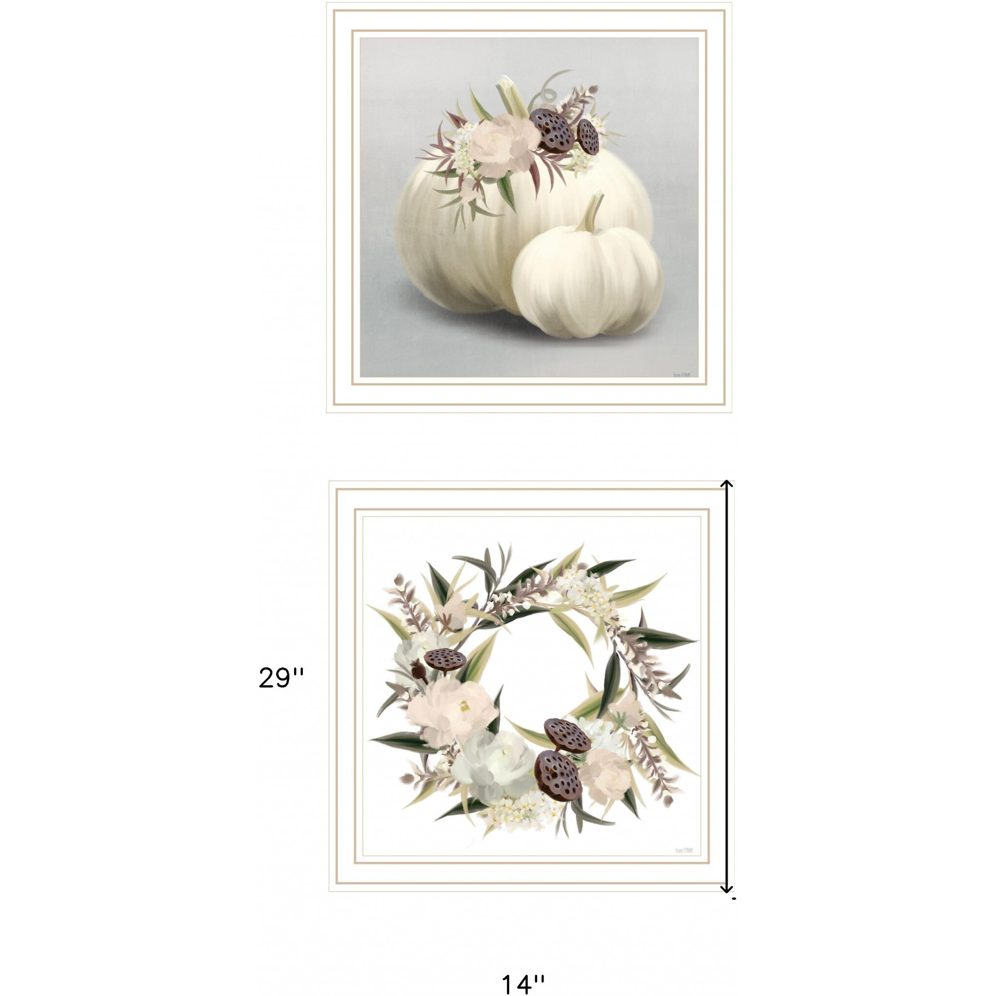 Set Of Two Boho Pumpkins And Flowers 2 White Framed Print Wall Art
