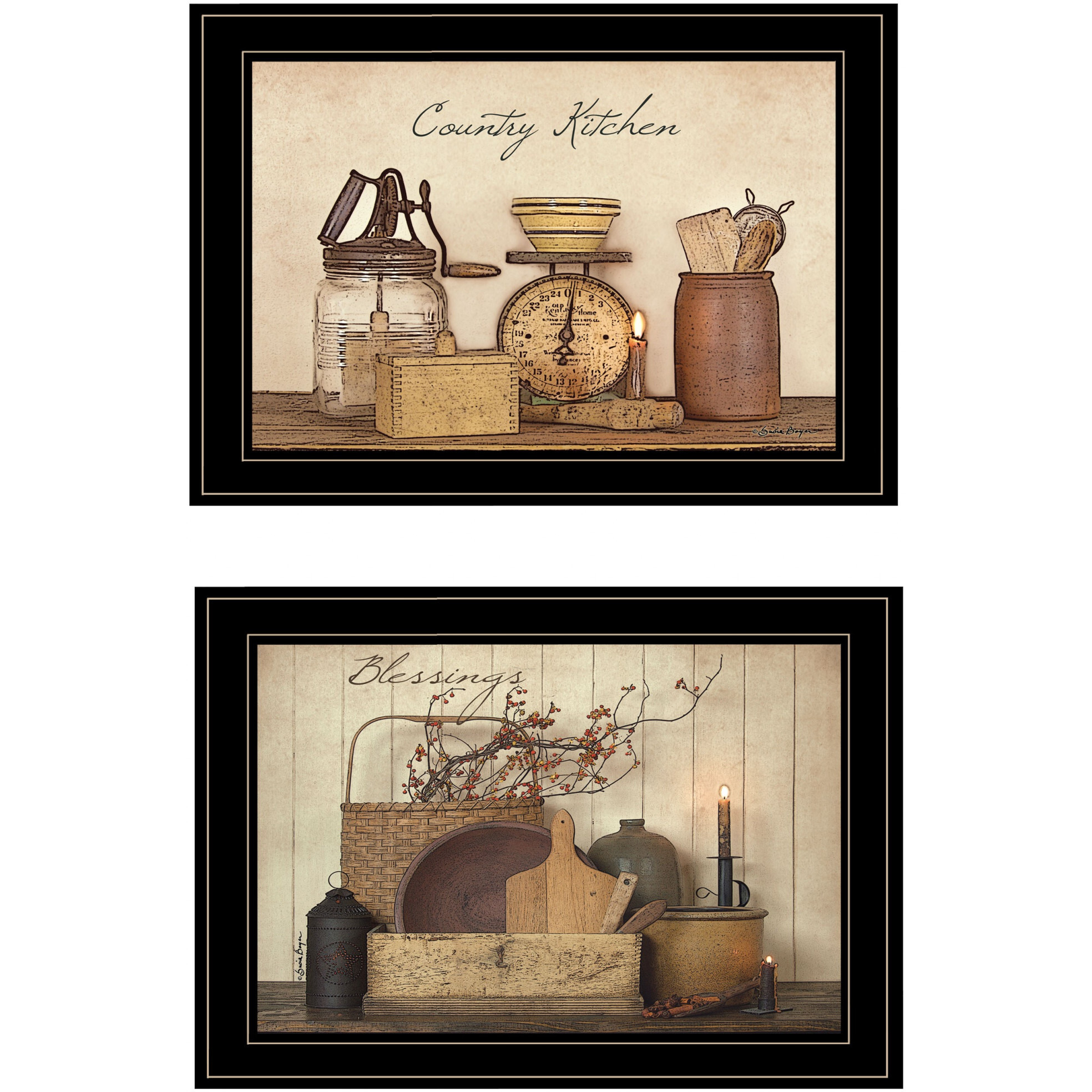 Set Of Two Country Kitchen Blessings Black Framed Print Wall Art