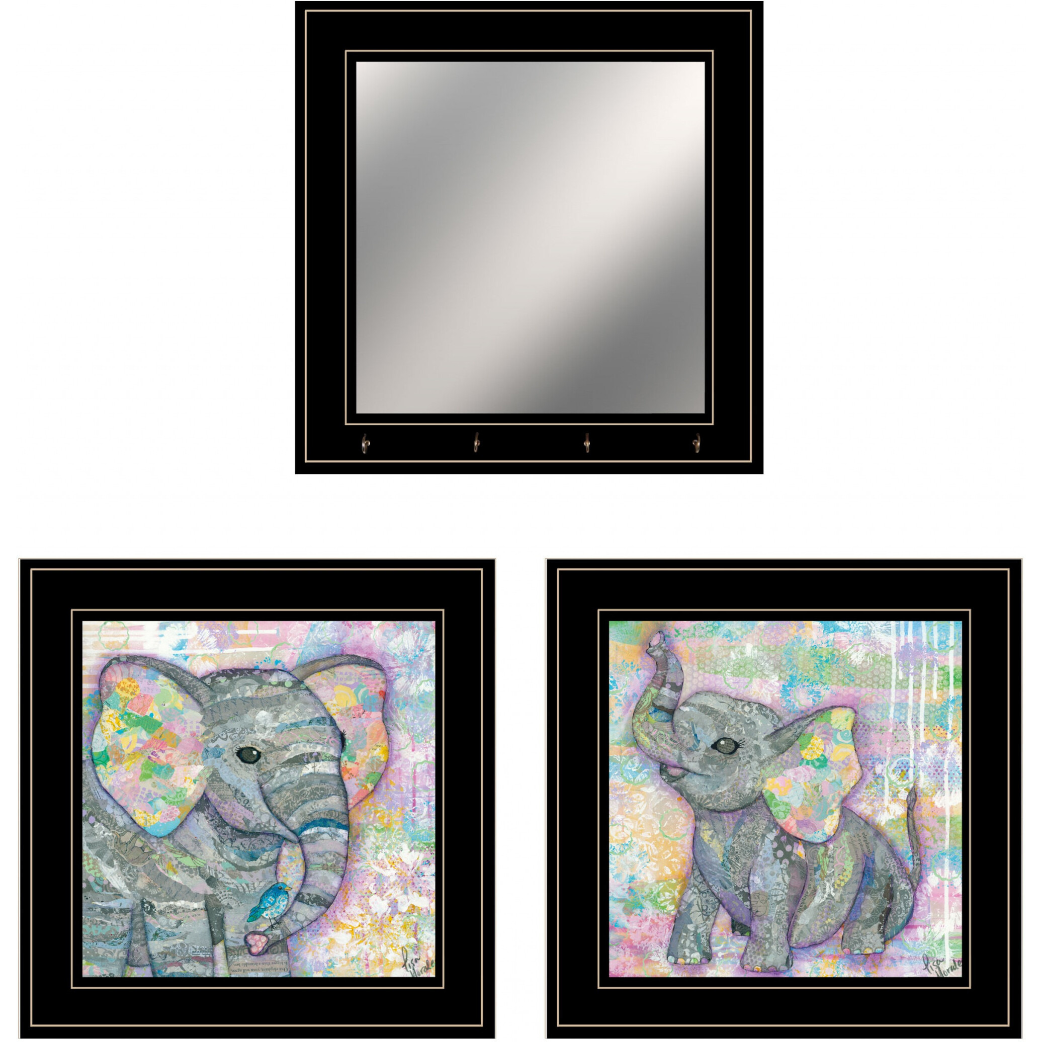 Set Of Three Whimsical Pastel Elephant  Black Framed Print Wall Art With Mirror