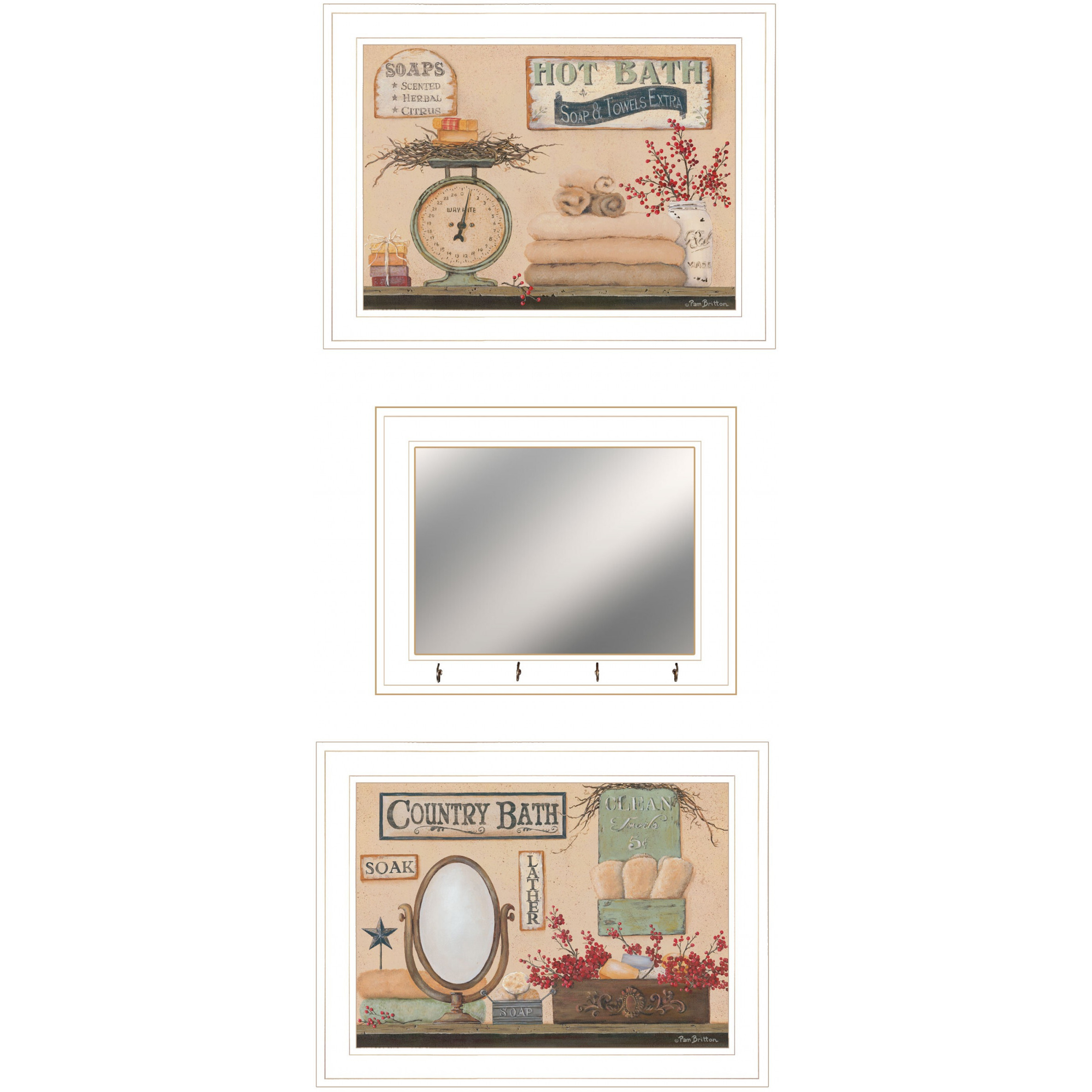 Set Of Three Wash Room White Rim Frame Bathroom Wall Art With Hooks