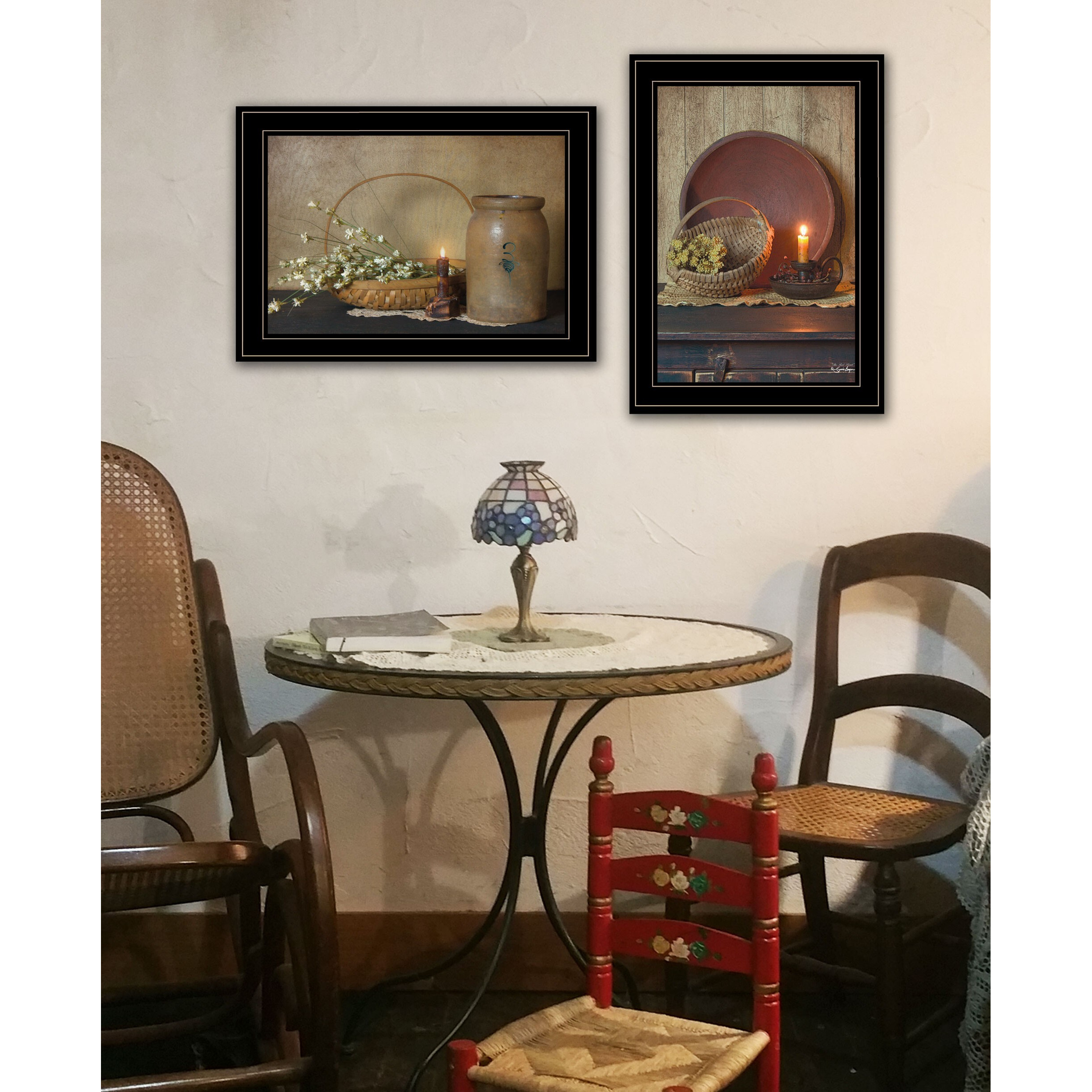 Set Of Two Candle Light And Flowers Black Framed Print Wall Art