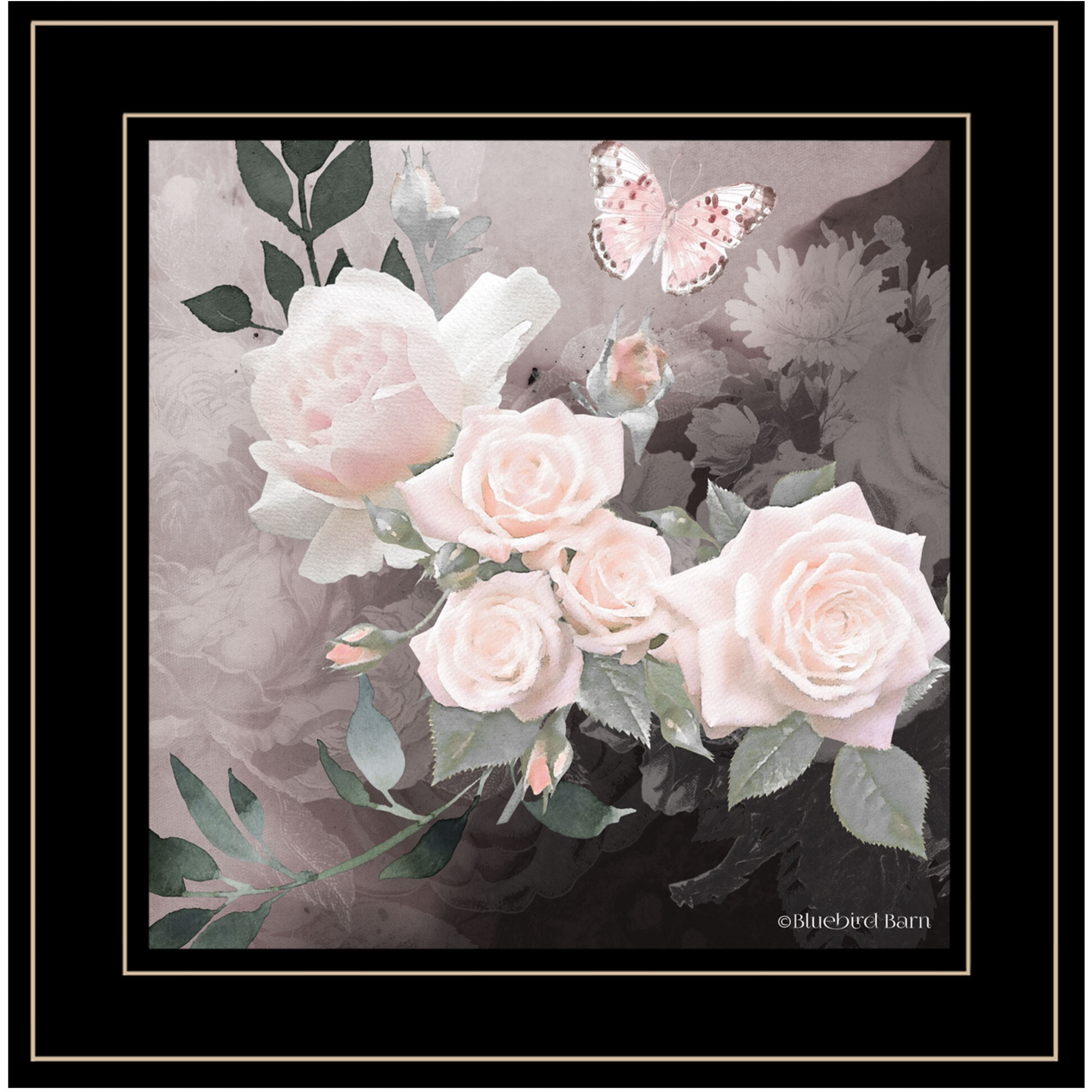 Pink Roses And Butterfly Black Double Rim Framed Print Wall Art