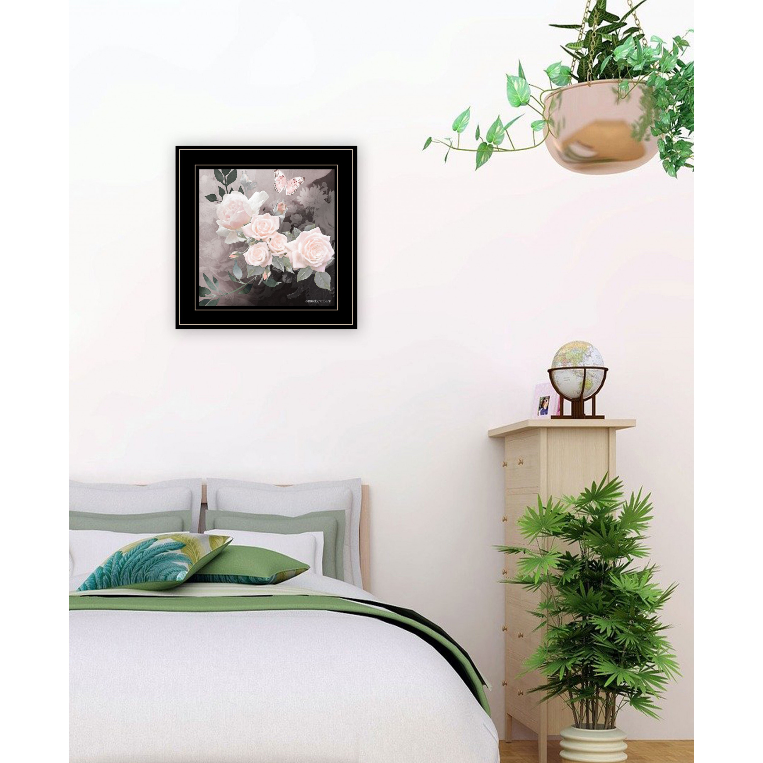 Pink Roses And Butterfly Black Double Rim Framed Print Wall Art